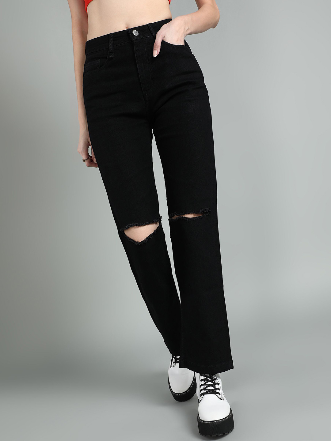 

BAESD Women Straight Fit High-Rise Slash Knee Stretchable Jeans, Black
