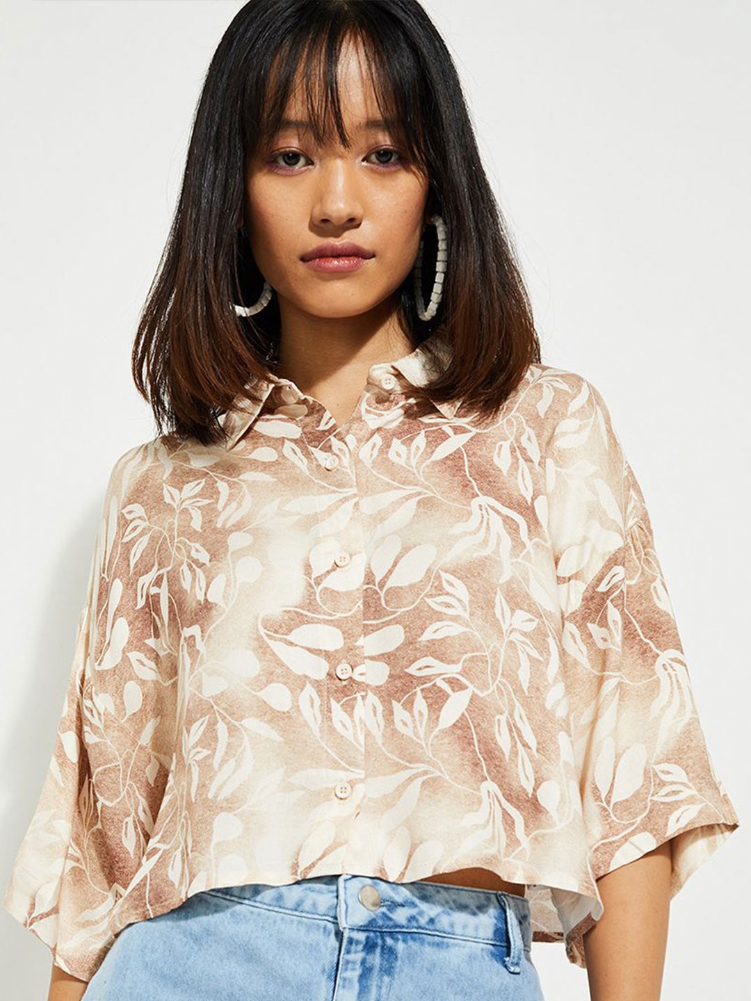 

Max Urb_N Women Printed Boxy Cropped Shirt, Beige