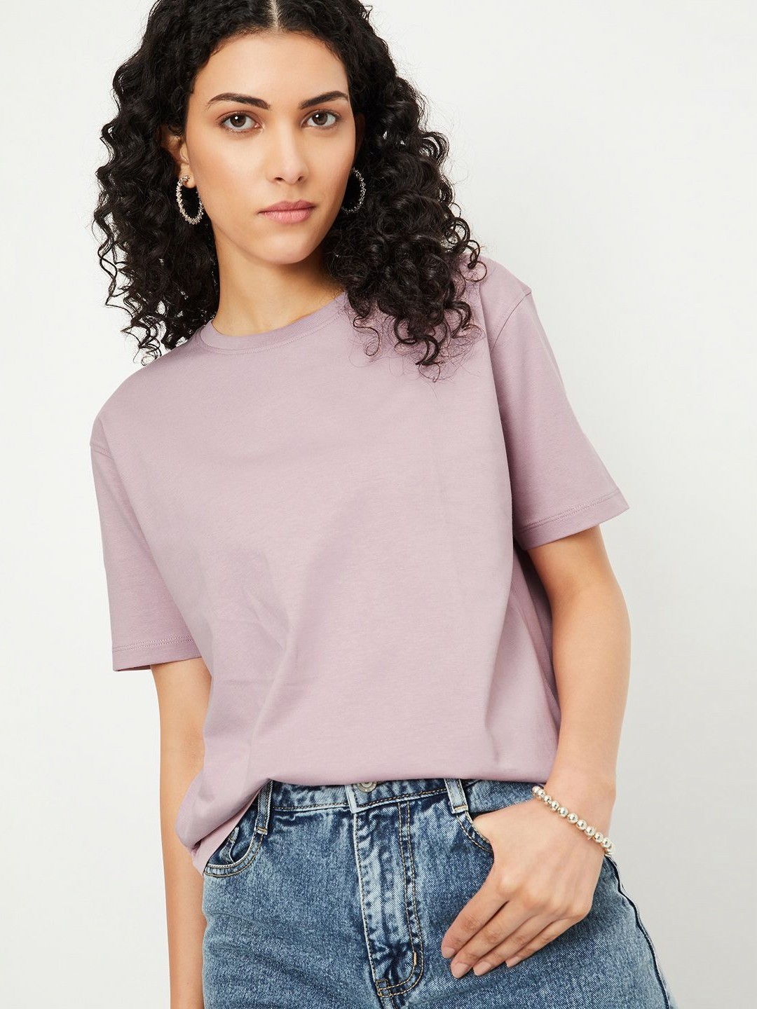 

max Women Solid Round Neck Cotton T-shirt, Purple