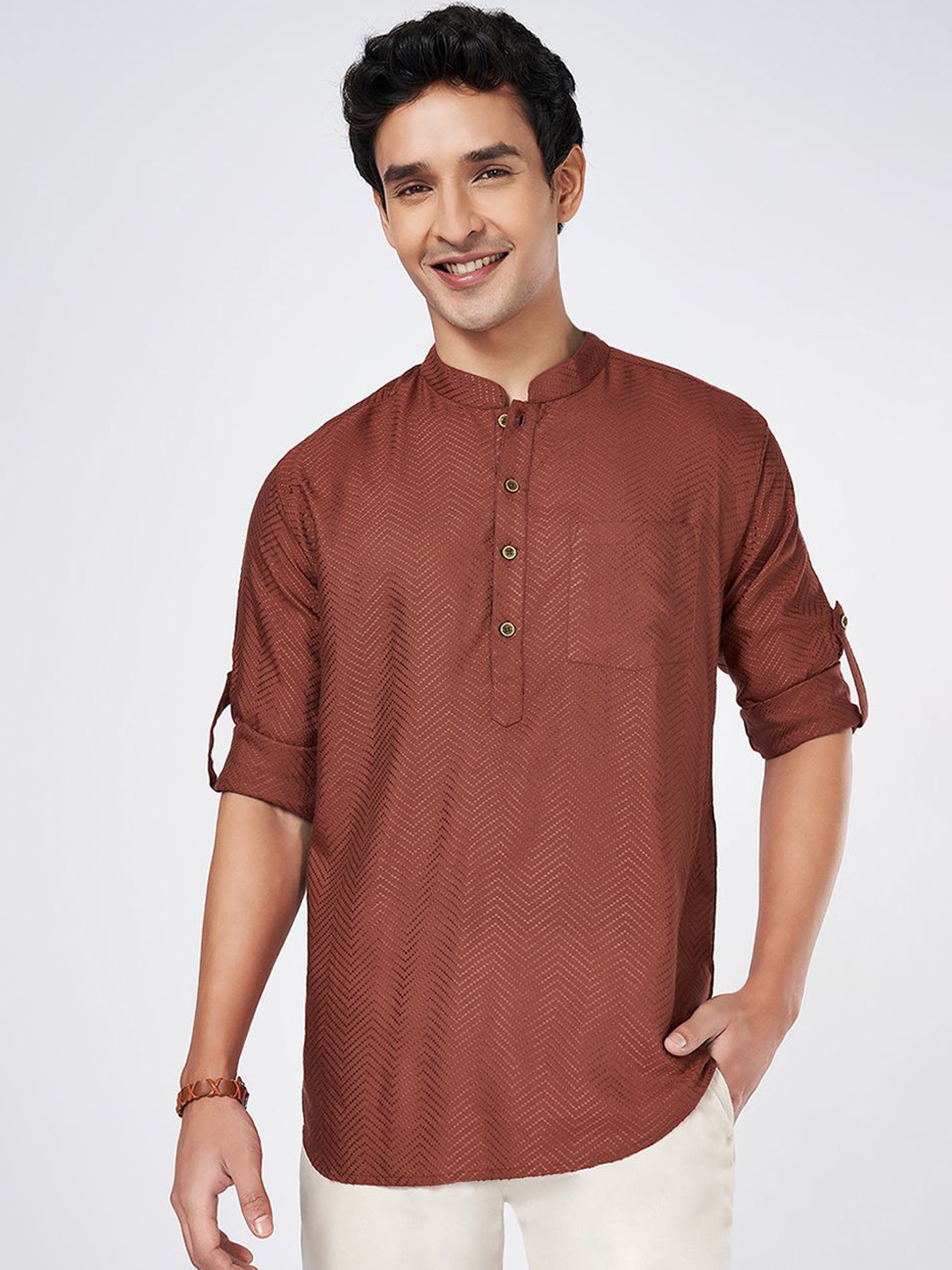 

indus route by Pantaloons Geometric Woven Design Roll-Up Sleeves Cotton Straight Kurta, Rust