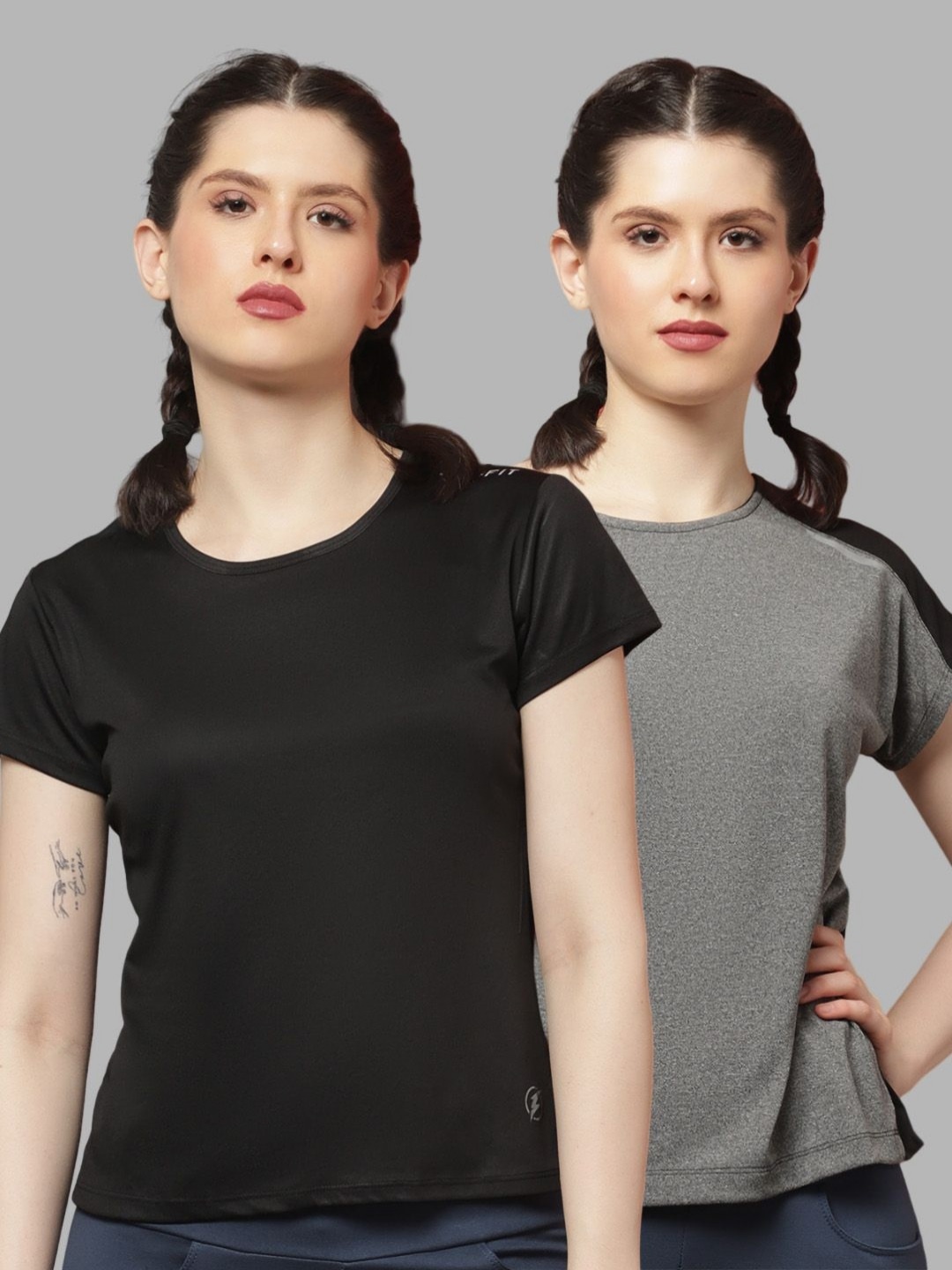 

Friskers Women Pack Of 2 Solid Round Neck T-shirts, Black