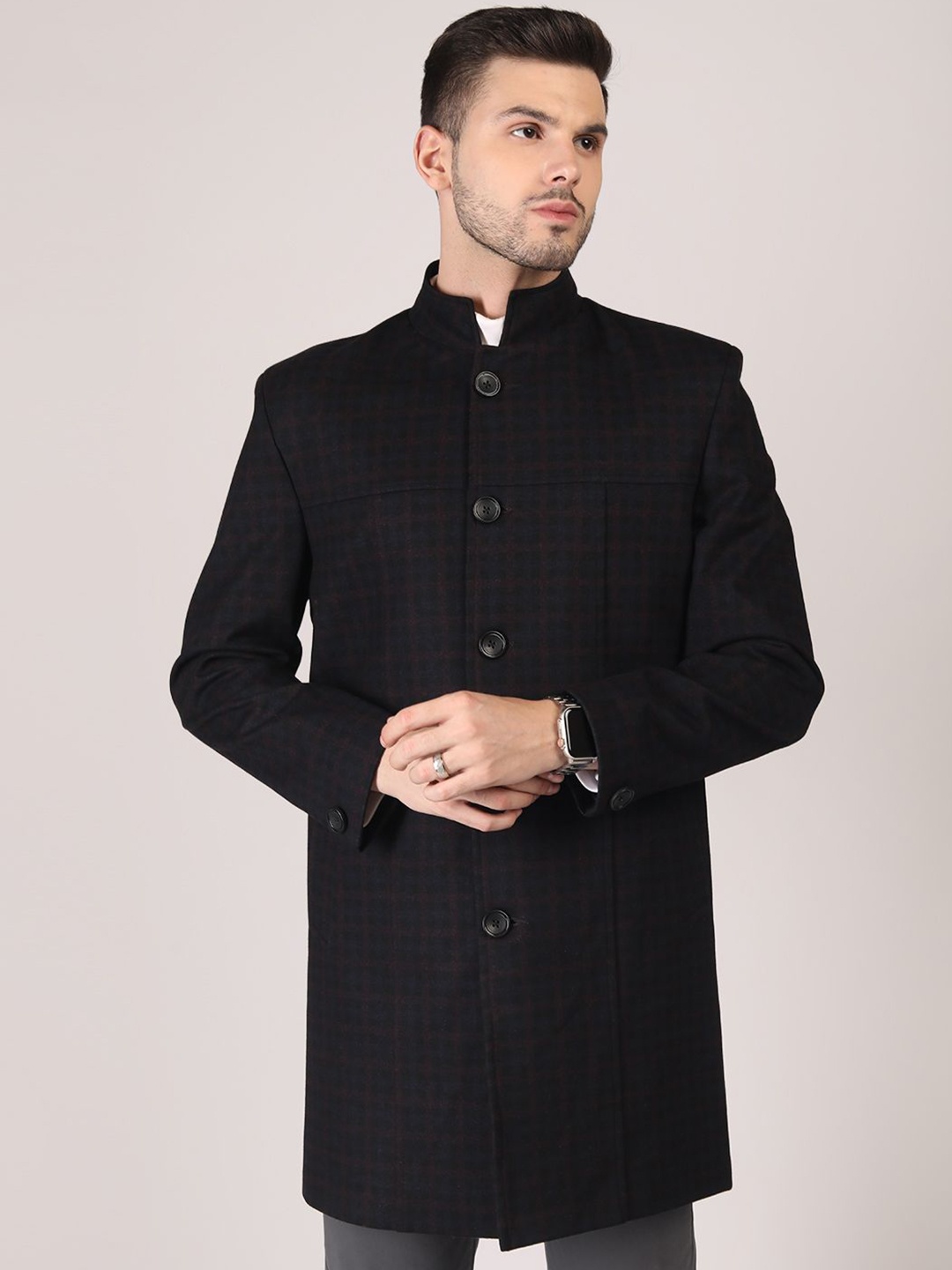

PROTEX Men Single Breasted Mandarin Collar Overcoat, Black