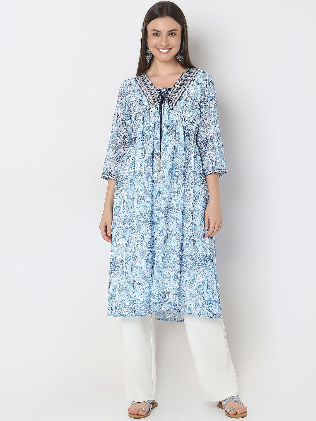 

Ethnicity Paisley Printed Mirror Work Tie-Up Neck Empire A-Line Kurta, Blue