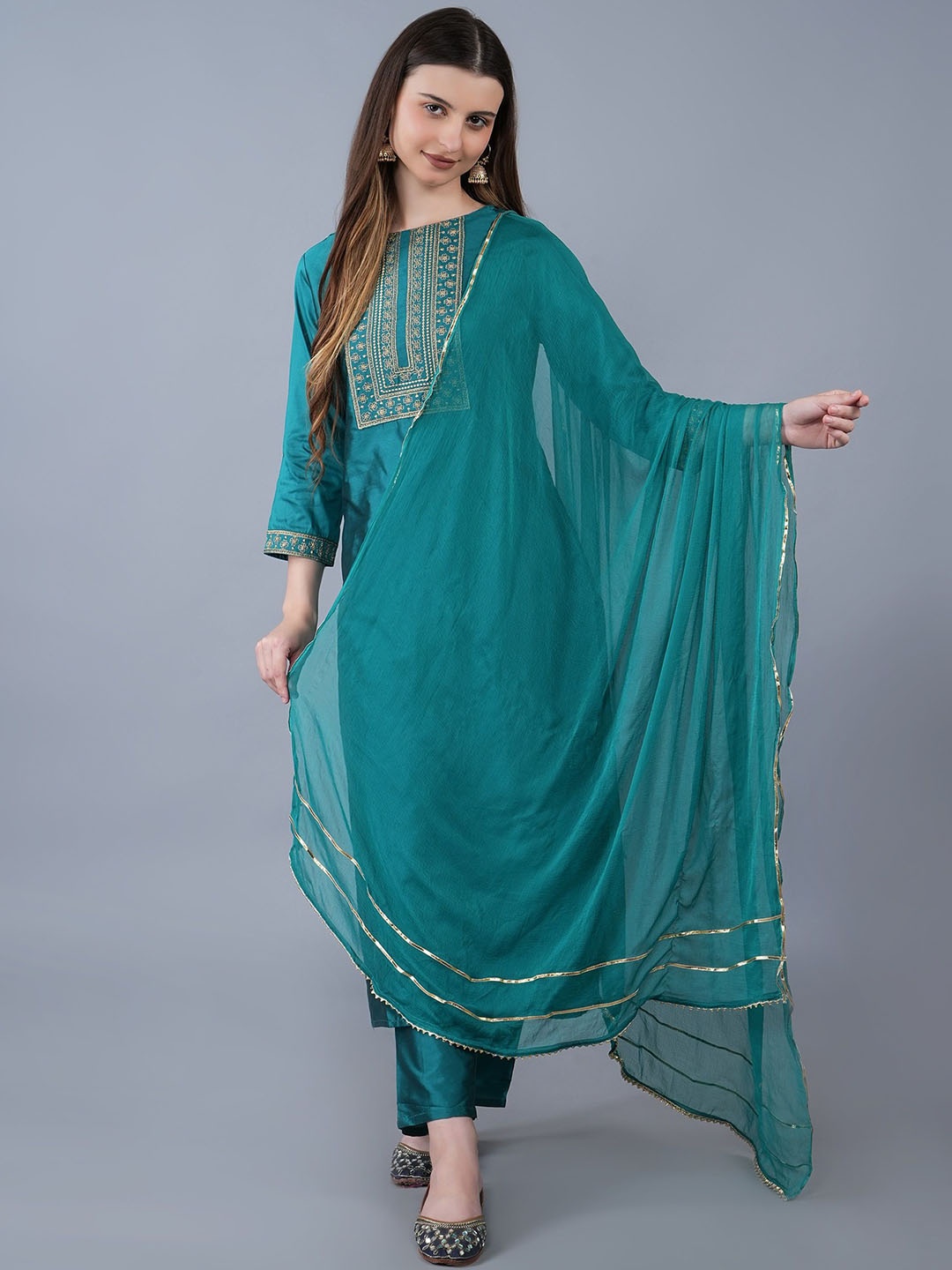 

KALINI Floral Embroidered Thread Work Straight Art Silk Kurta With Trousers & Dupatta, Green
