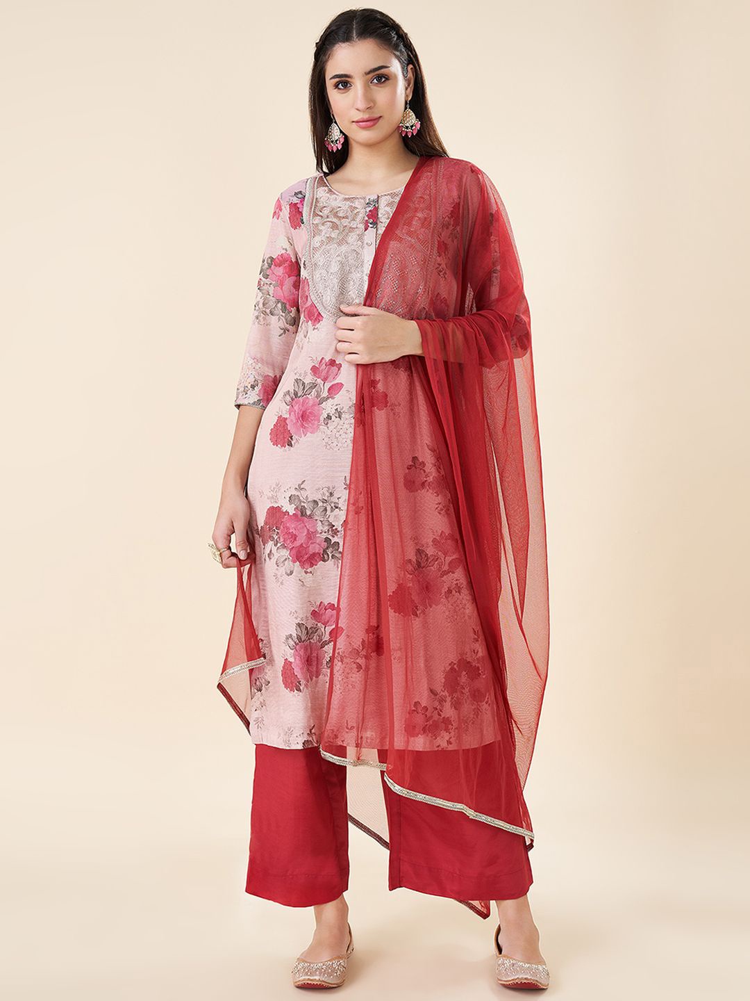 

RANGMANCH BY PANTALOONS Floral Printed Thread Work Kurta with Trouser & Dupatta, Pink