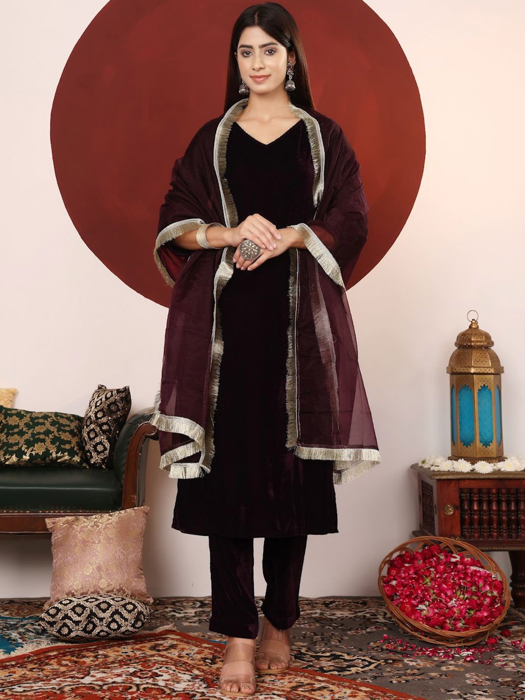 

Varanga Gota Patti Lace Velvet Winter kurta with Trouser & Dupatta, Purple