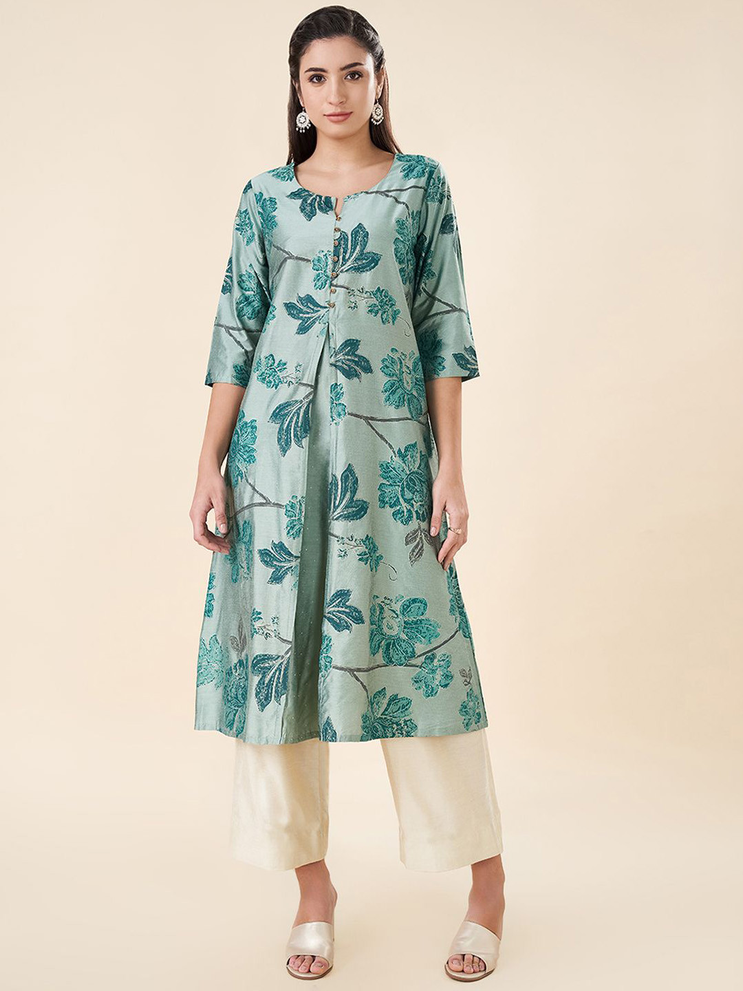 

RANGMANCH BY PANTALOONS Floral Printed Round Neck A-Line Kurta, Teal