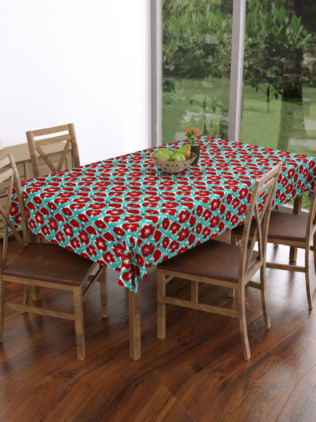 

BLOCKS OF INDIA Turquoise Blue Floral Cotton 4-Seater Table Cover