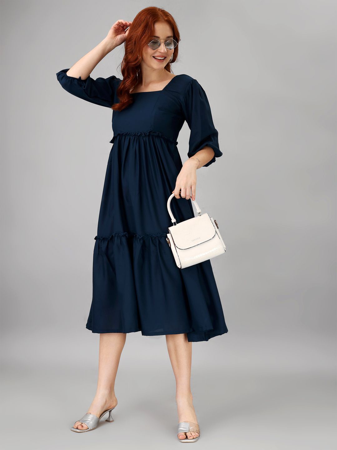 

Krunal Raiyani Women Crepe Fit & Flare Tiered Midi Dress, Blue