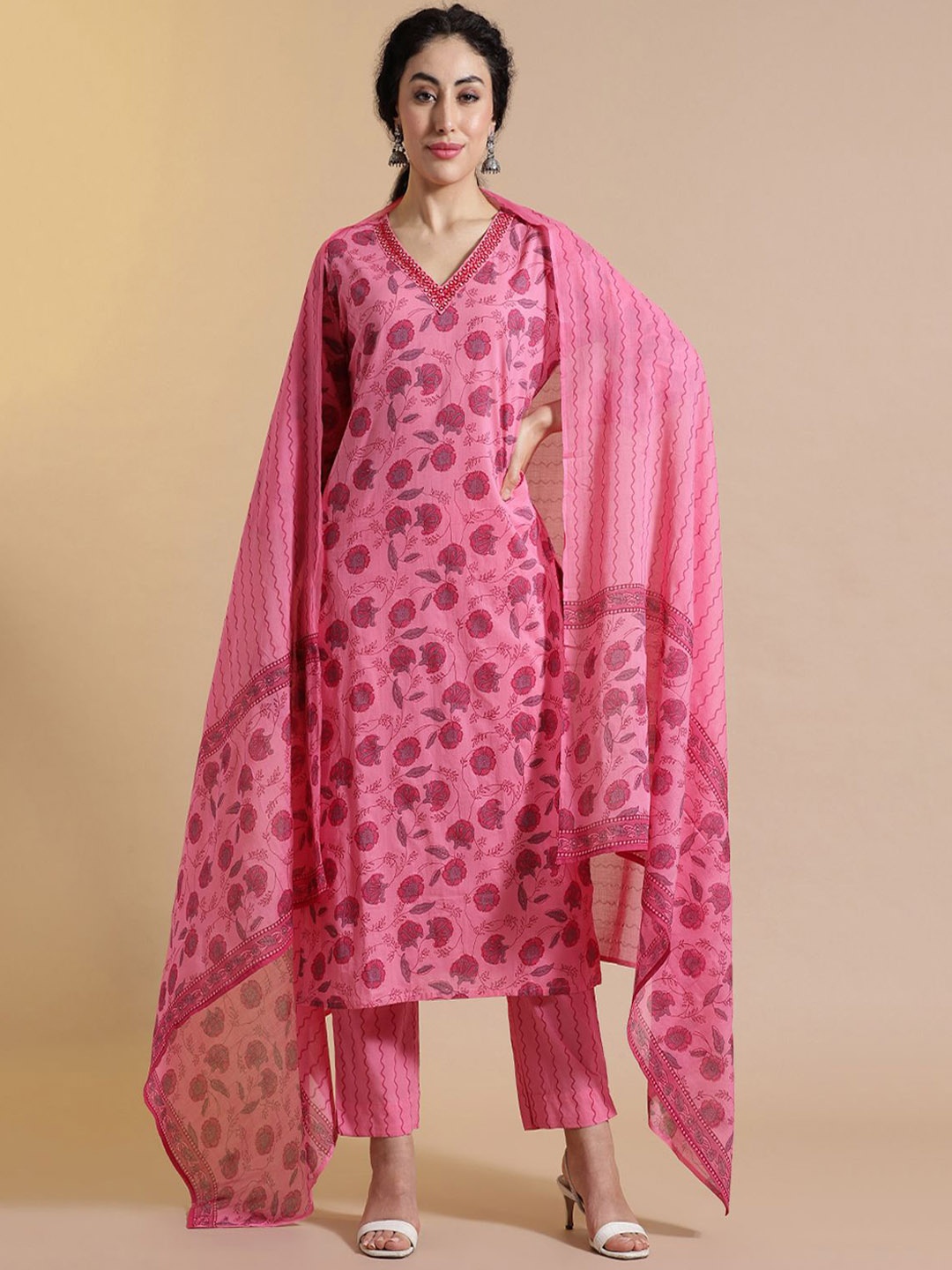 

Anouk Floral Printed Regular Thread Work Pure Cotton Kurta with Trouser & Dupatta, Pink