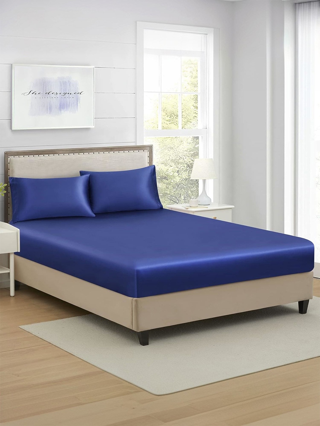 

MUSH Navy Blue 400 TC Fitted Satin King Bedsheet Set 1.98m x 1.82m