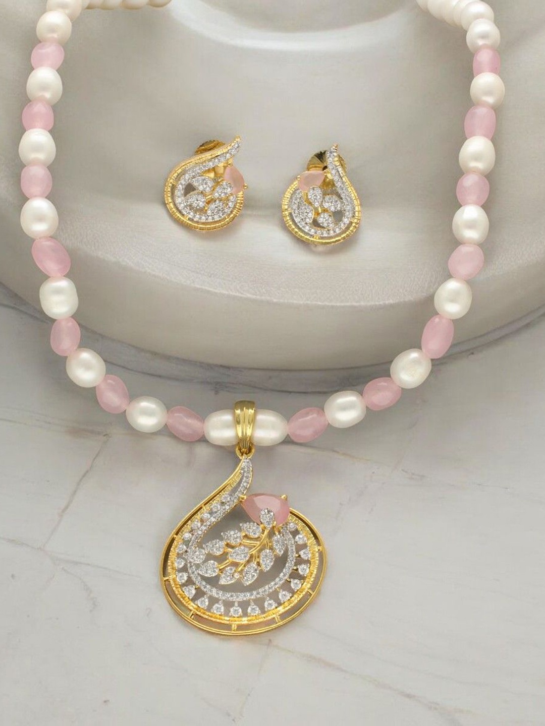 

Sri Jagdamba Pearls Dealer Gold- Plated Pearl & Stone Studded Jewellery Set