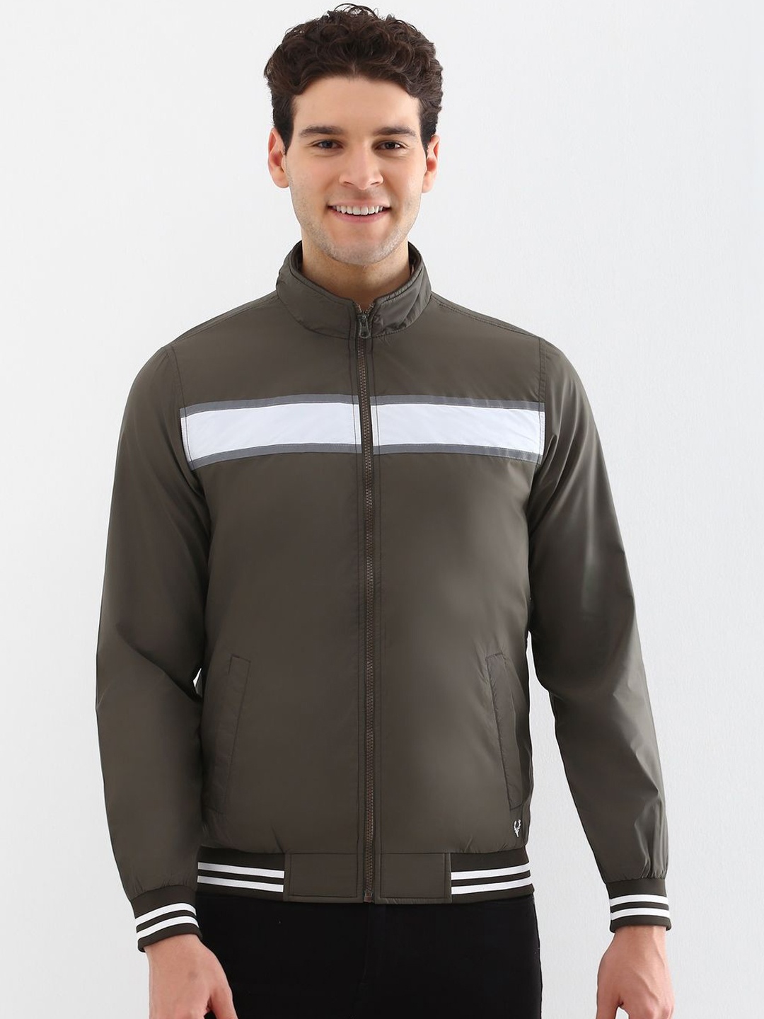 

Allen Solly Men Mock Collar Striped Casual Bomber Jacket, Olive