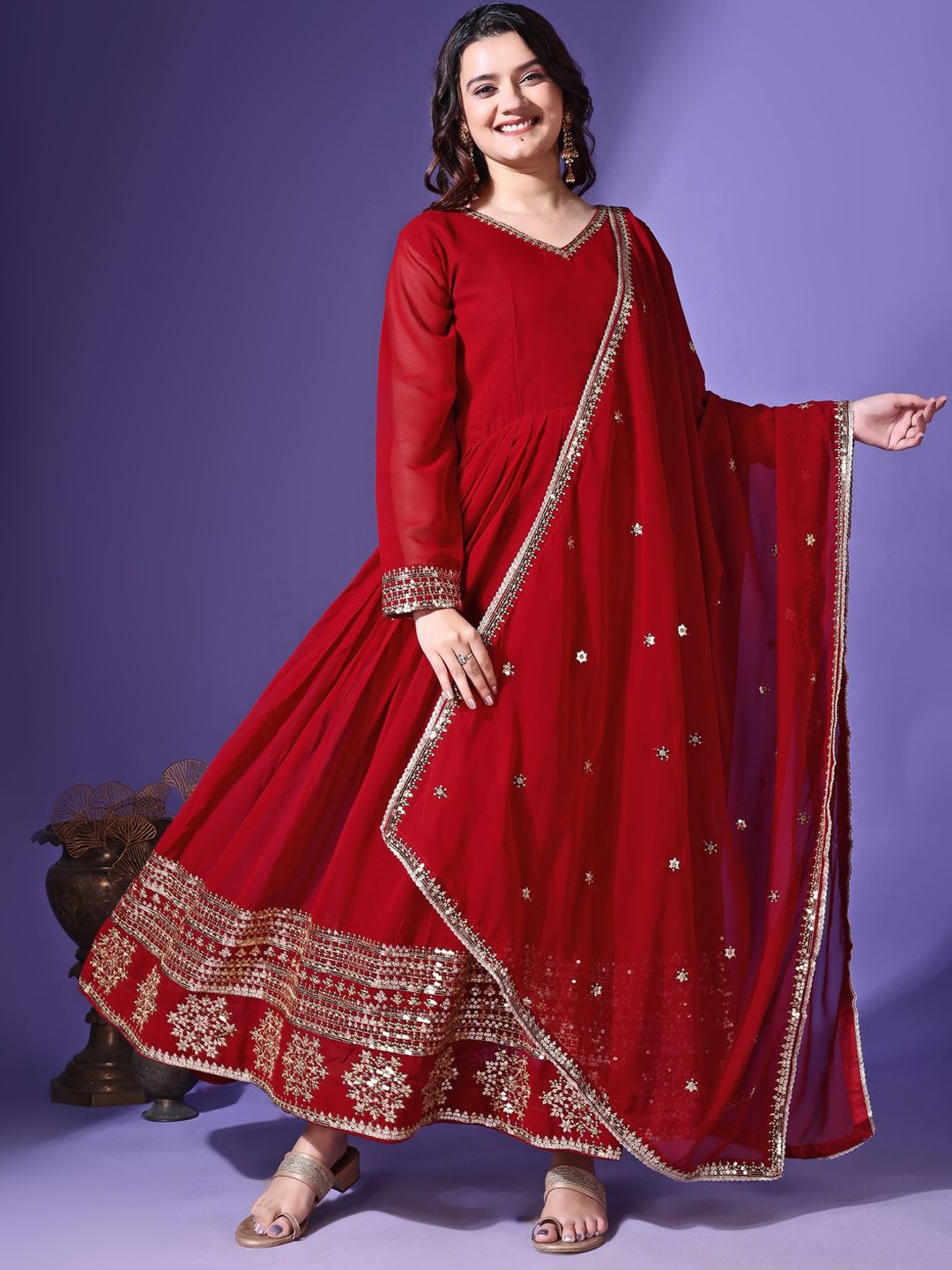 

KALINI Floral Embroidered Georgette Anarkali Ethnic Dress With Dupatta, Maroon