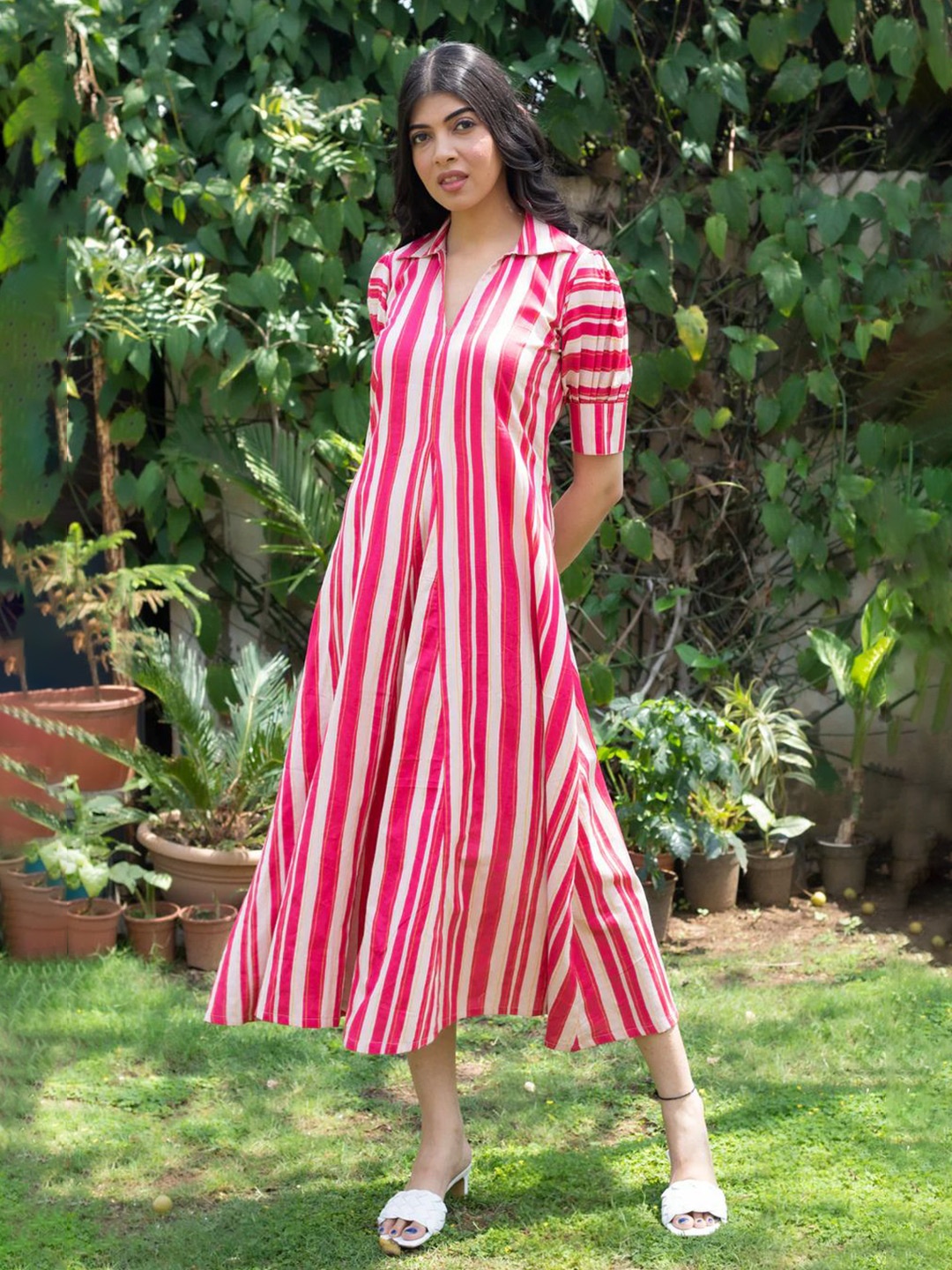 

SUKITI Women Striped A-Line Shirt Collar Midi Dress, Pink