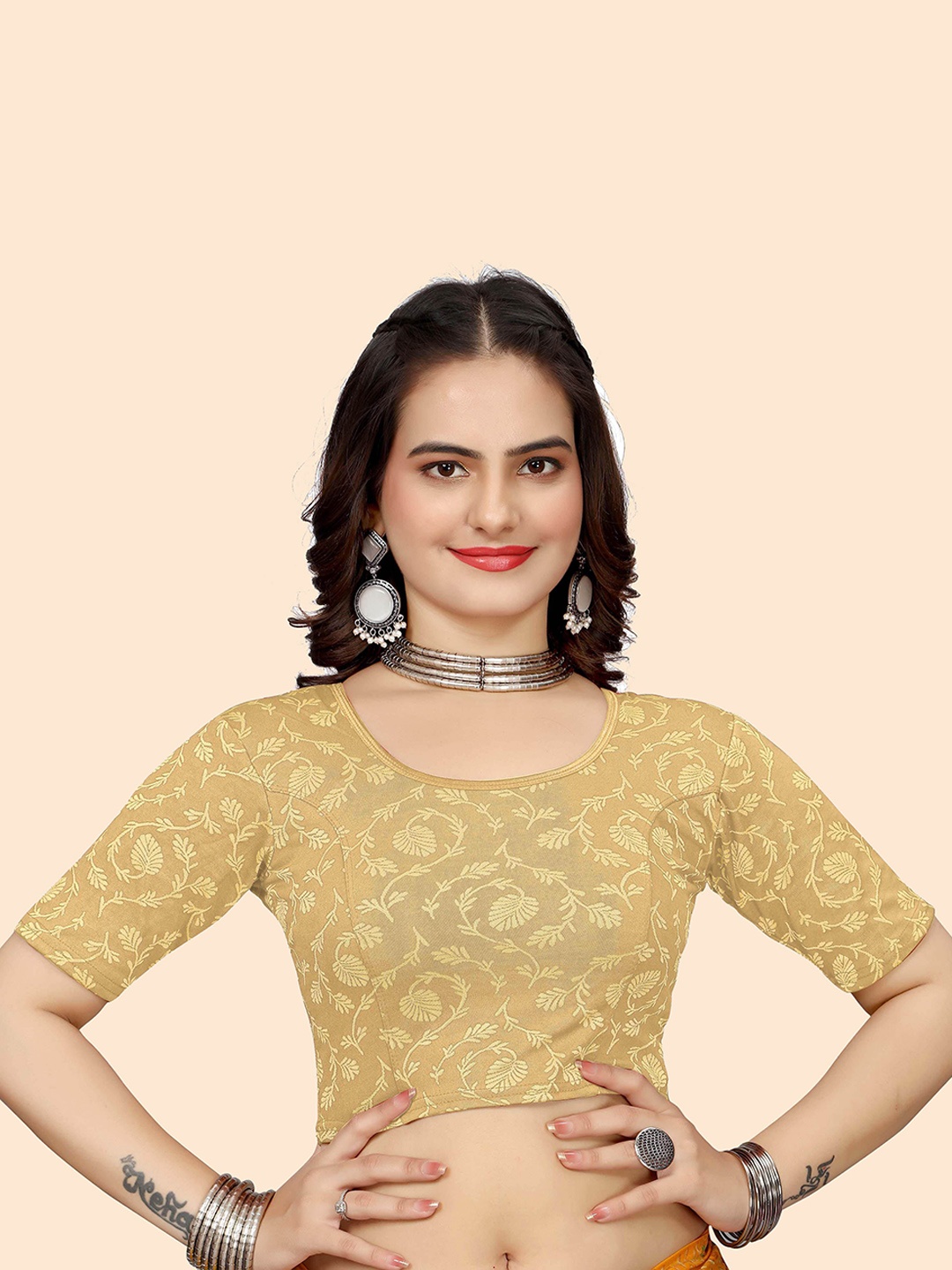 

SHREEJI DESIGNER Woven-Design Saree Blouse, Cream
