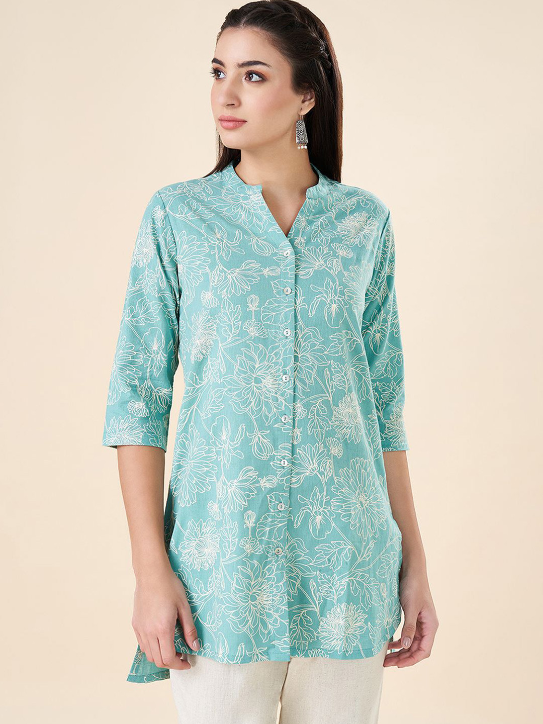 

RANGMANCH BY PANTALOONS Women Mandarin Collar Printed Tunic, Turquoise blue