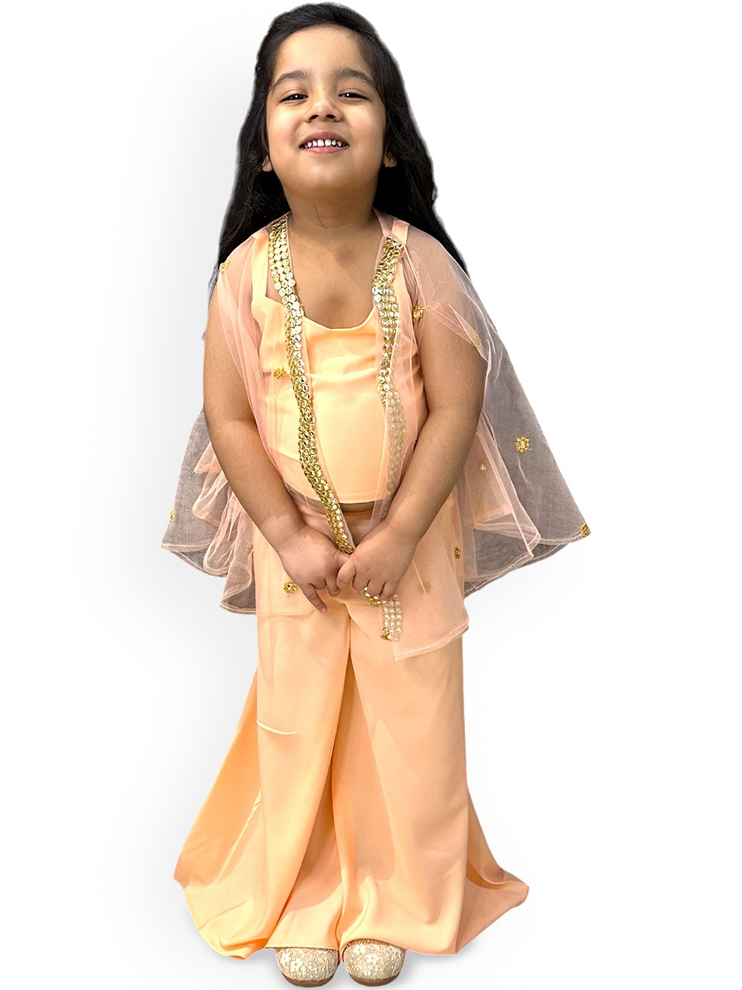 

Samsara Couture Girls Shoulder Straps Sleeveless Top with Palazzos & Shrug, Peach