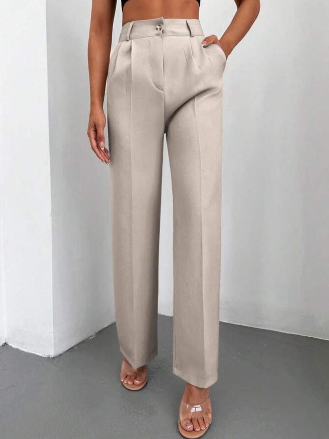 

Next One Women High-Rise Pleated Korean Trousers, Beige