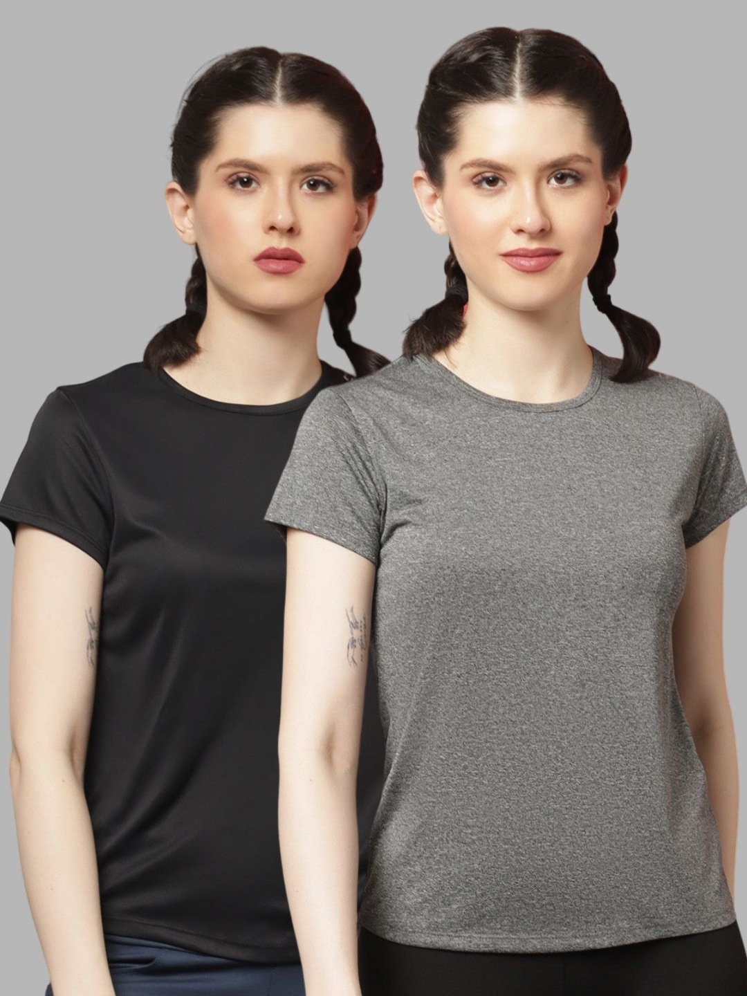 

Friskers Women Pack Of 2 Solid Round Neck T-shirts, Black