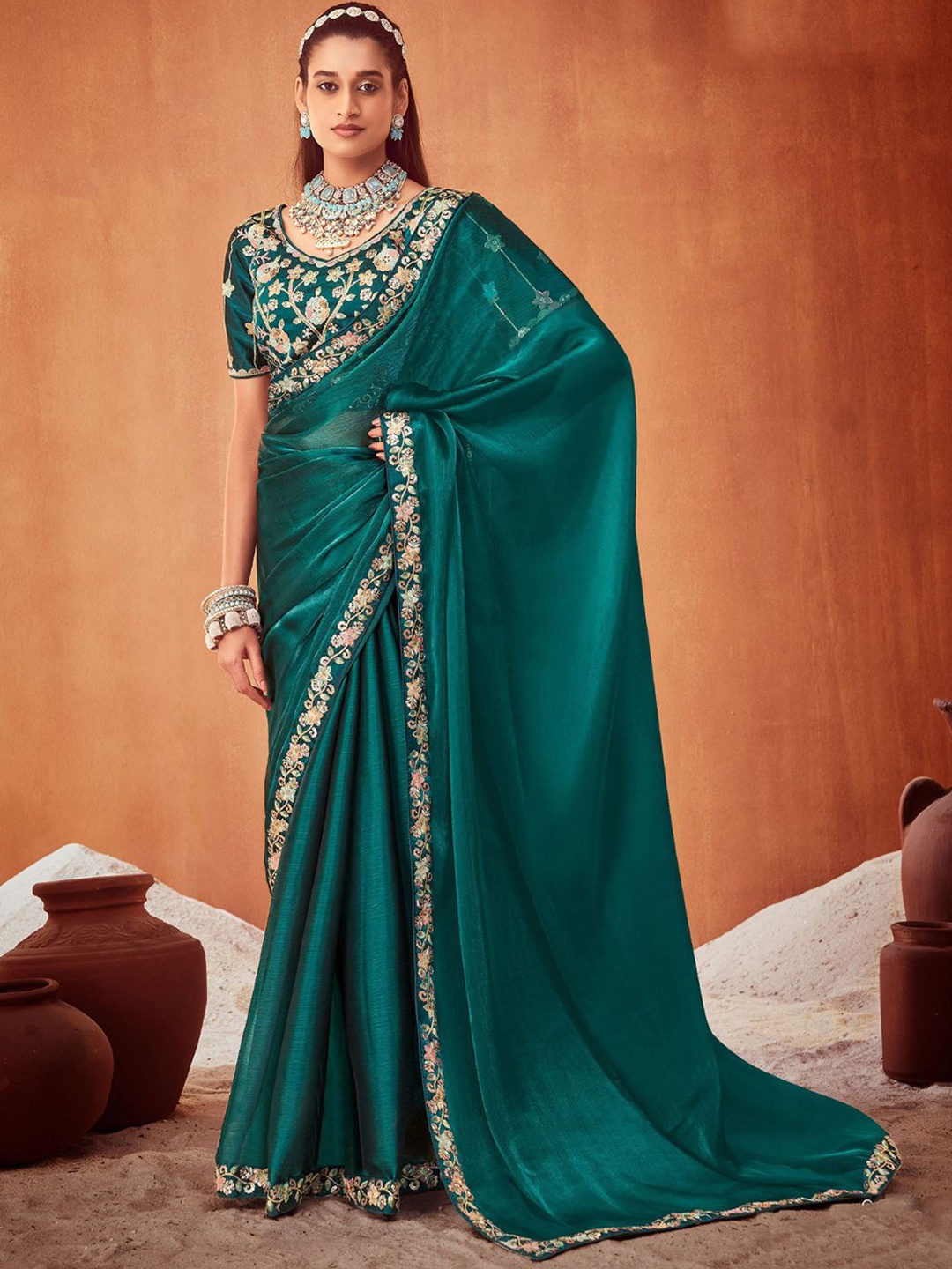 

SANSKAR Embroidered Solid Saree, Turquoise blue