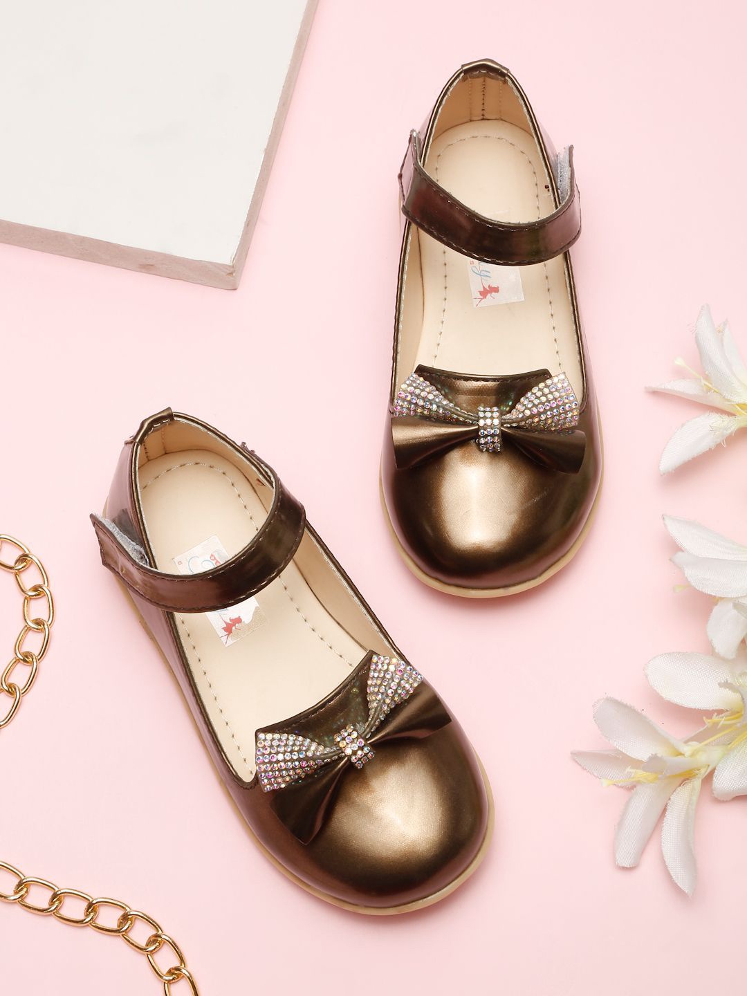 

Tiny Bugs Girls Embellished Party Ballerinas with Bows Flats, Coffee brown