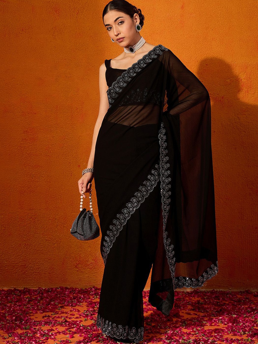 

Anouk Floral Beads and Stones Embellished Saree, Black