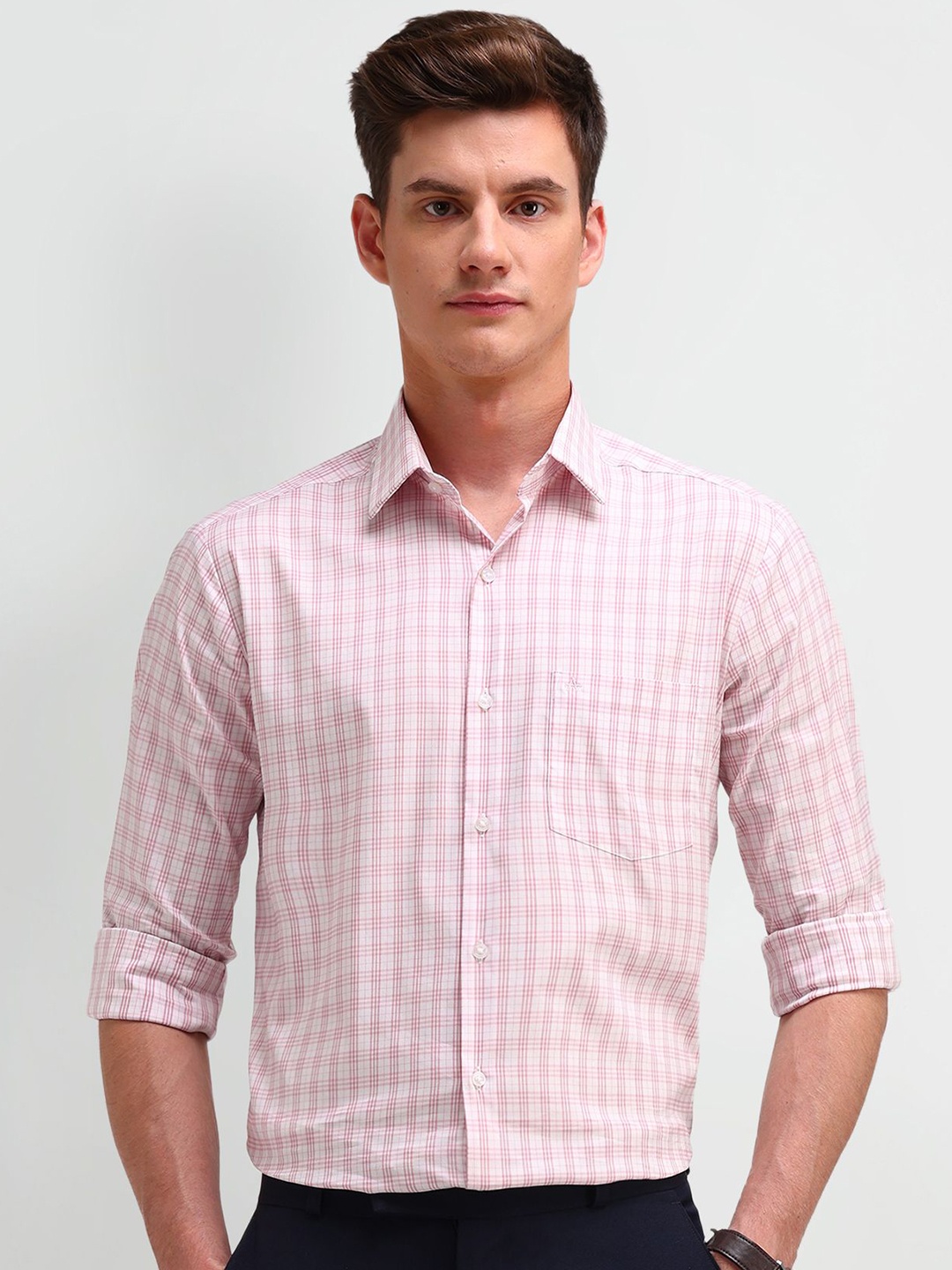 

Arrow Men Manhattan Spread Collar Tartan Checked Cotton Slim Fit Formal Shirt, Pink