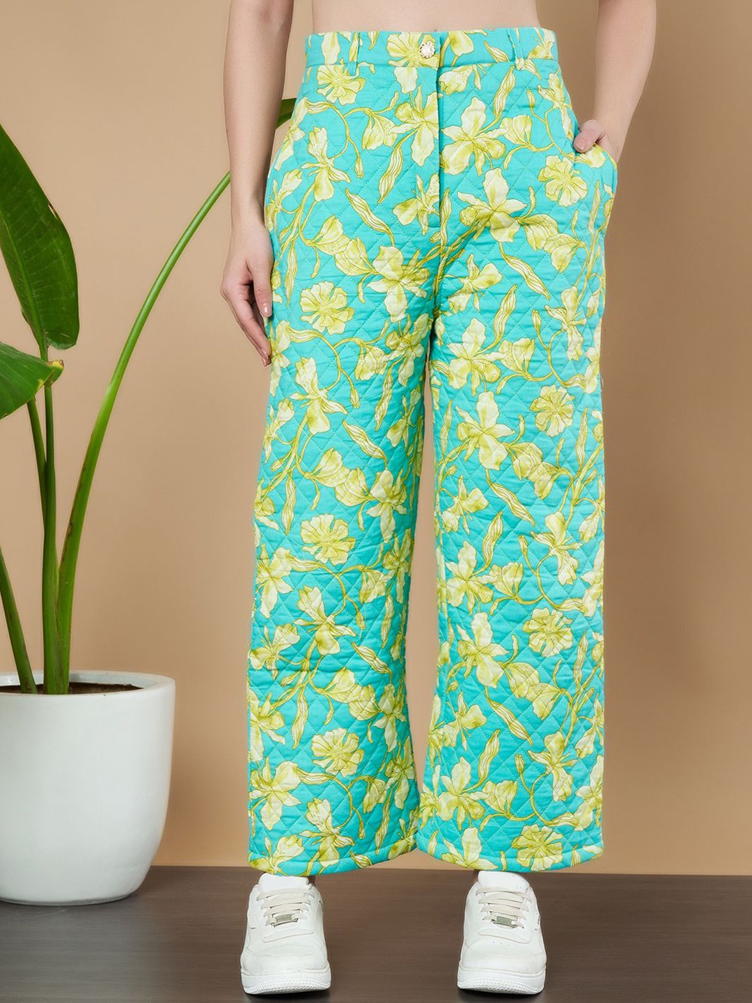 

COTLAND FASHION Women Floral Printed Relaxed High-Rise Coated Trousers, Turquoise blue