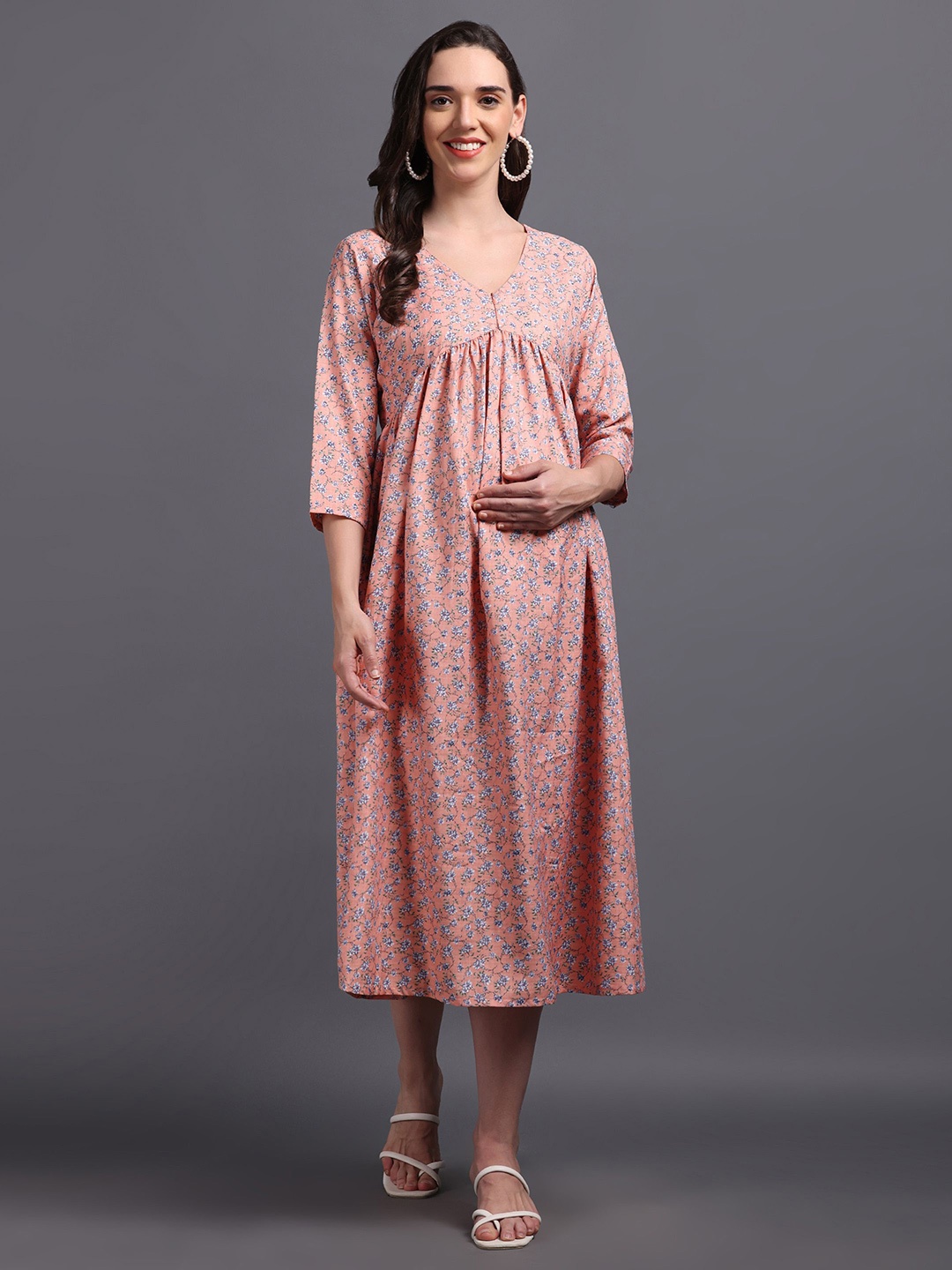 

CHARISMOMIC Women Floral Printed Maternity Fit and Flare Maxi Dress, Peach