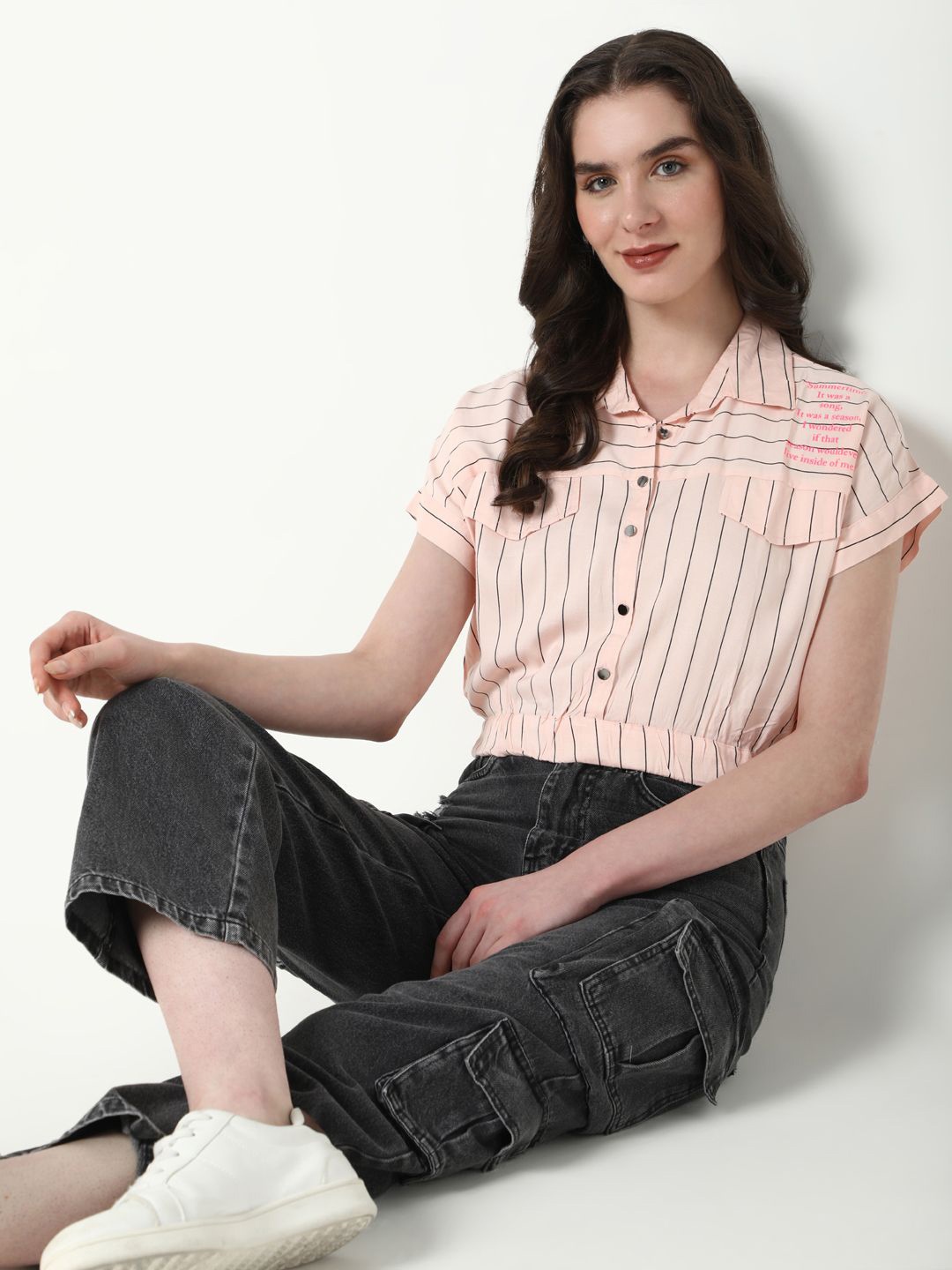 

SHOWOFF Women Striped Extended Sleeves Shirt Style Crop Top, Peach