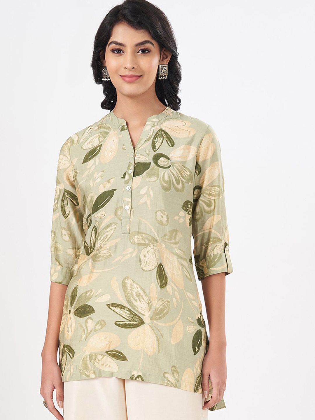 

RANGMANCH BY PANTALOONS Women Mandarin Collar Printed Casual Tunic, Sea green