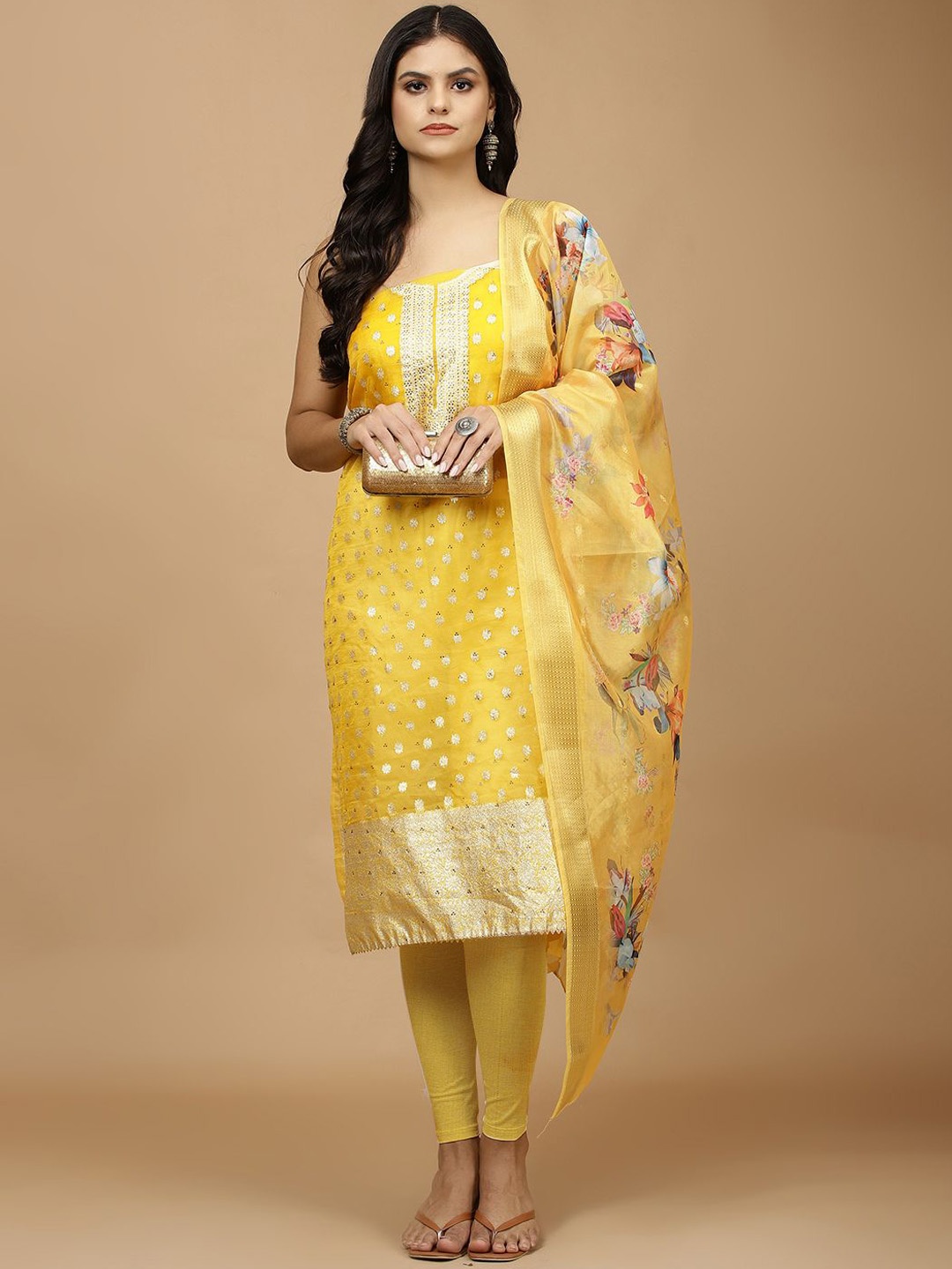 

Meena Bazaar Woven Design Zari Unstitched Dress Material, Yellow