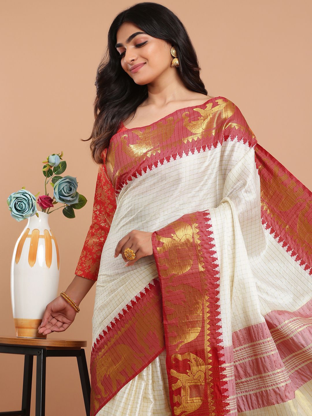 

Kalyan Silks Checked Kanjeevaram Saree, Off white