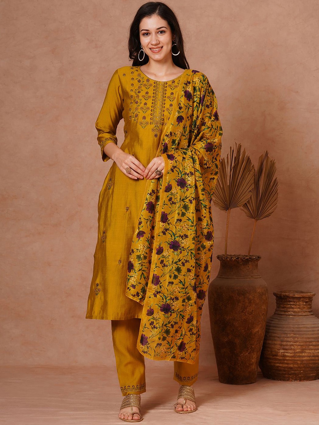 

FASHOR Floral Embroidered Straight Kurta With Trousers & Dupatta, Mustard
