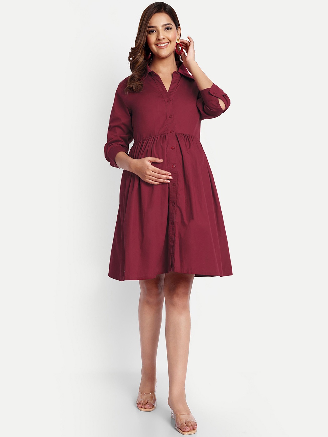 

Aaruvi Ruchi Verma Women Shirt Collar Maternity Fit and Flare, Maroon