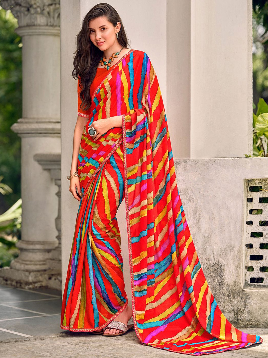 

SANSKAR Striped Embroidered Saree, Red