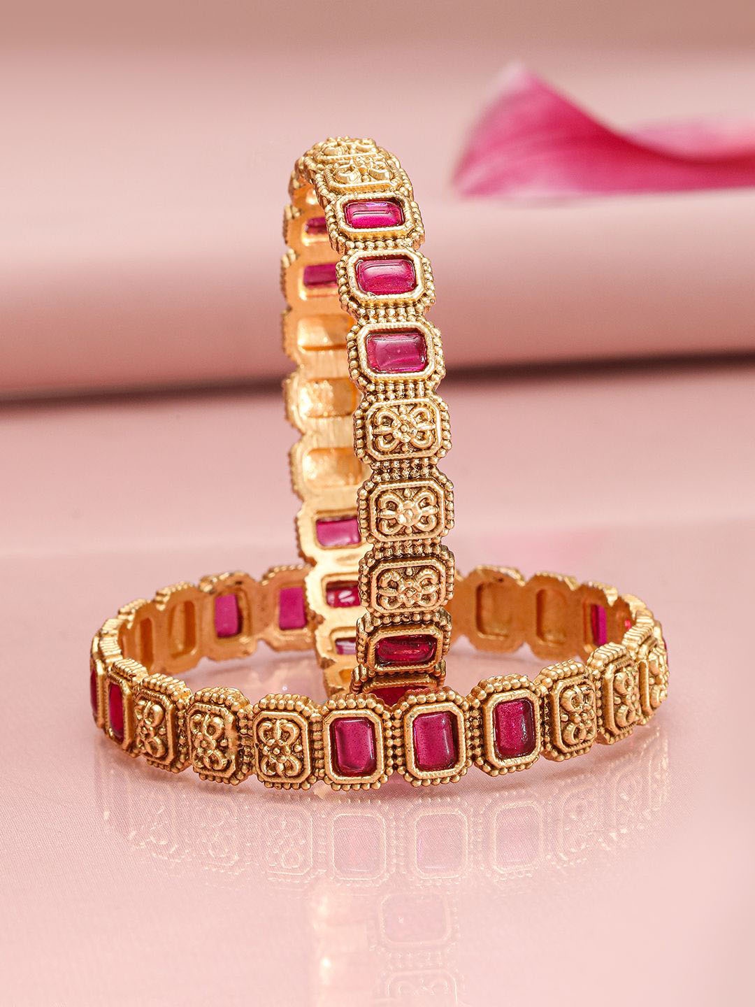 

Rubans Set of 2, 22K Gold-Plated Ruby Pink Stone & Filigree Design Traditional Bangles