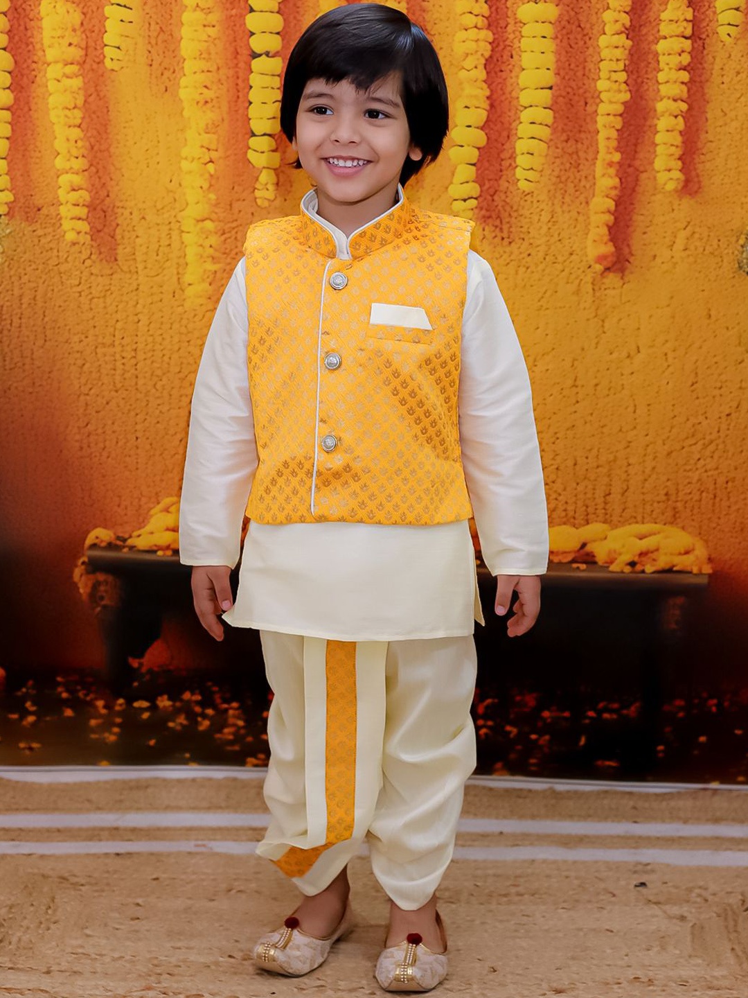 

BownBee Boys Mandarin Collar Regular Straight Kurta with Dhoti Pants, Yellow