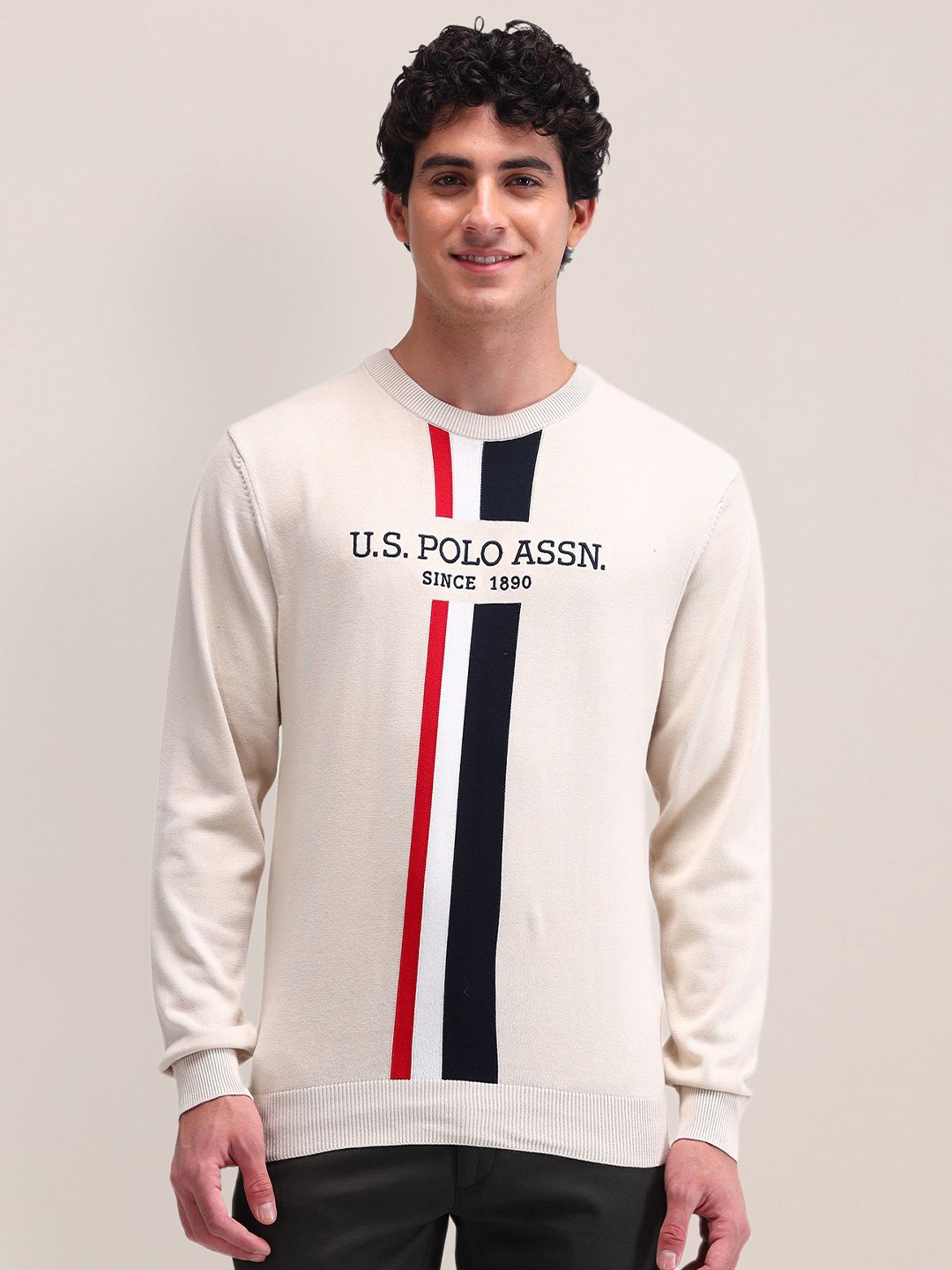 

U.S. Polo Assn. Men Long Sleeves Brand Logo Printed Pullover Sweater, Off white
