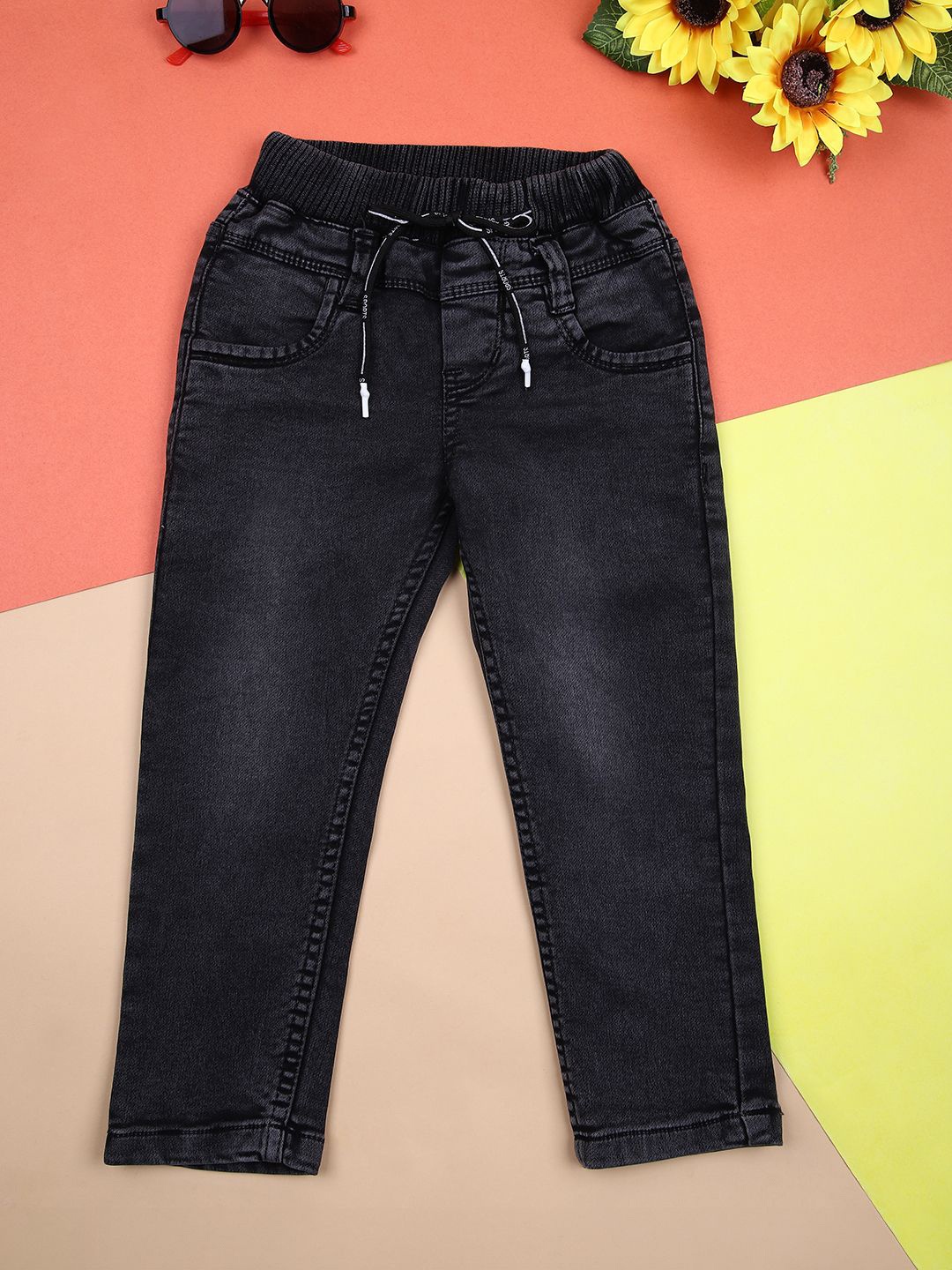 

V-Mart Boys Cotton Regular Fit Low Distress Light Fade Stretchable Jeans, Black