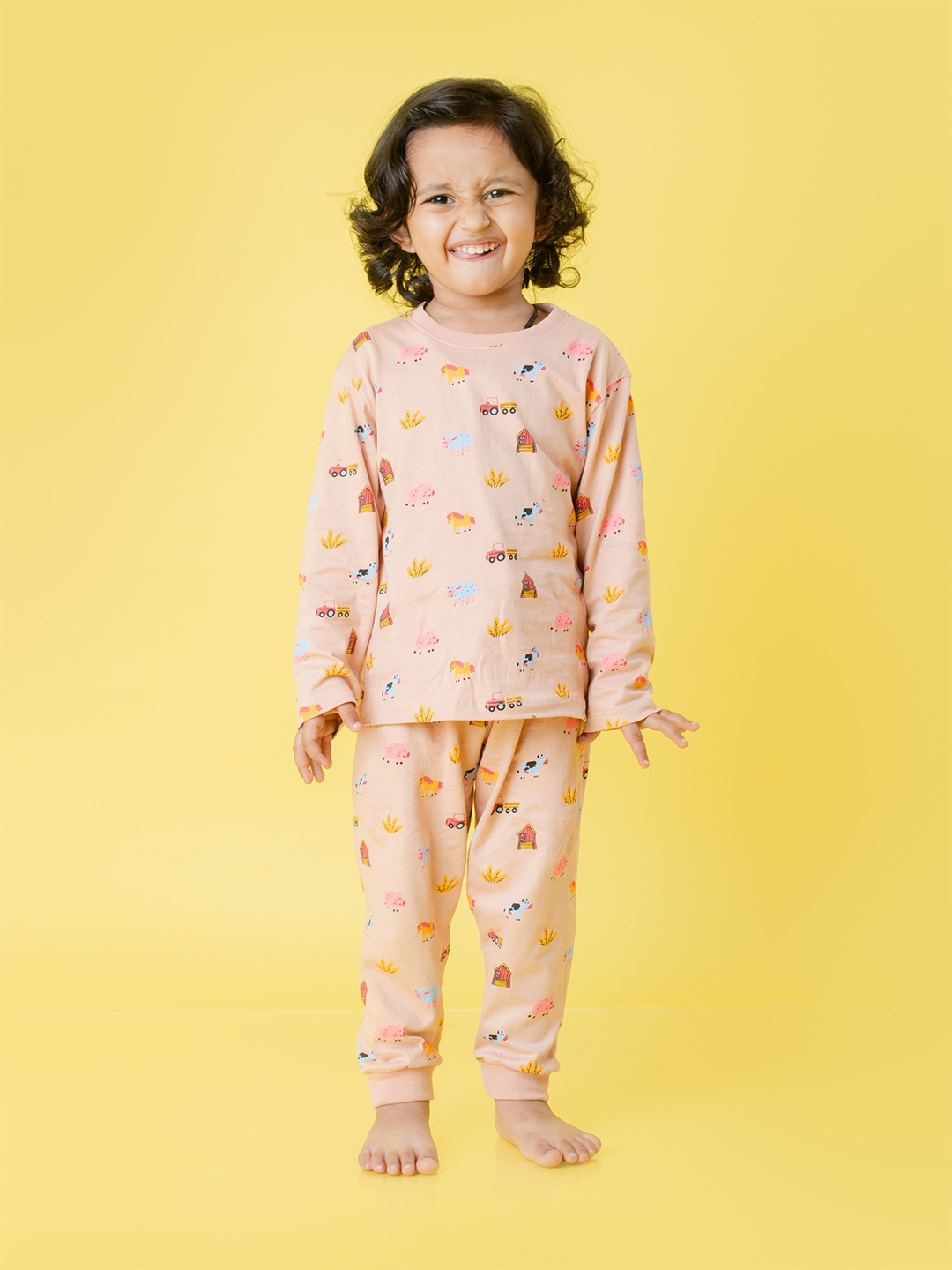 

Orange Sugar Unisex Kids Printed Pure Cotton T-shirt with Pyjamas, Peach