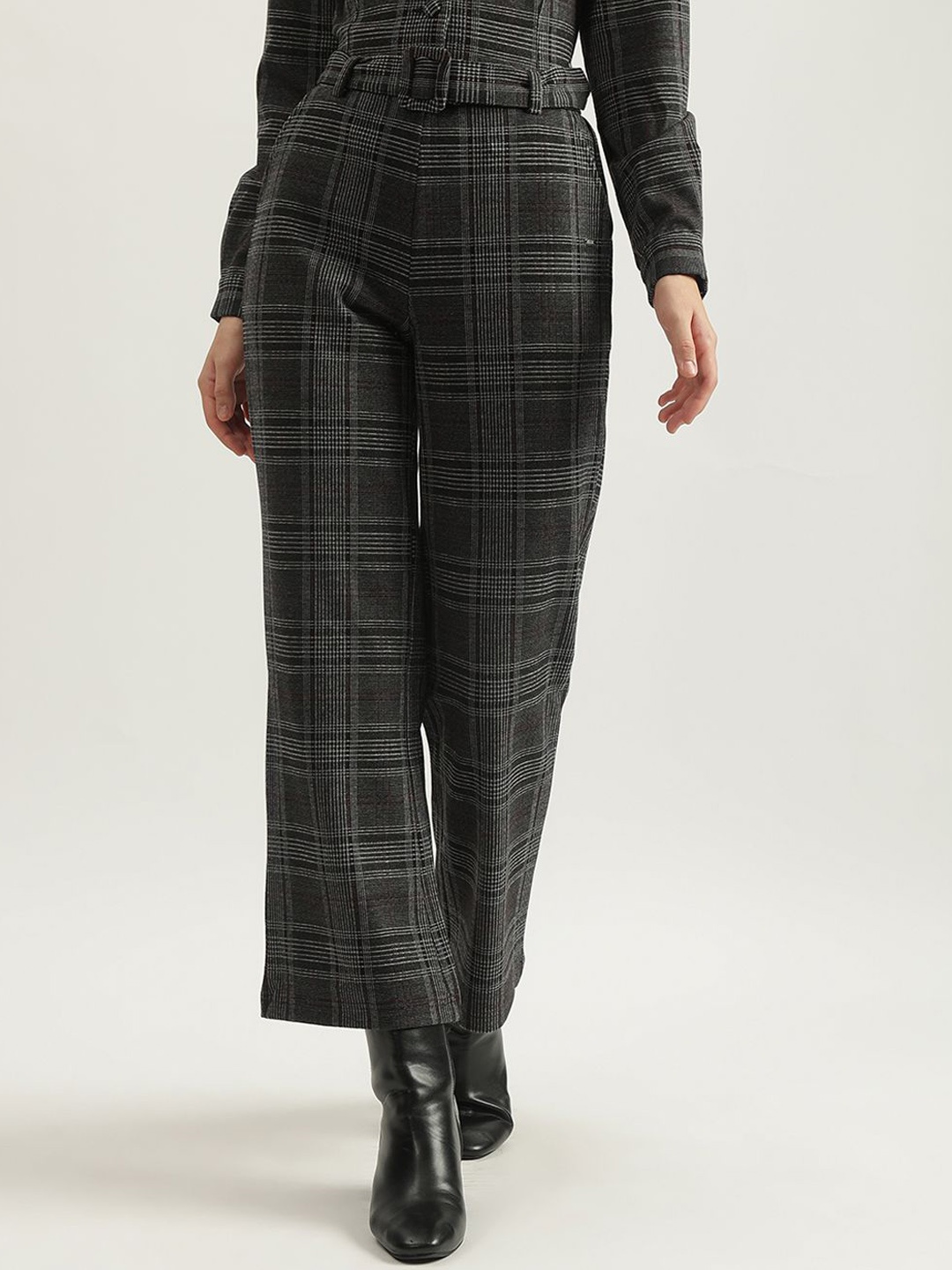 

ELLE Women Checked Straight Fit High-Rise Trousers, Grey