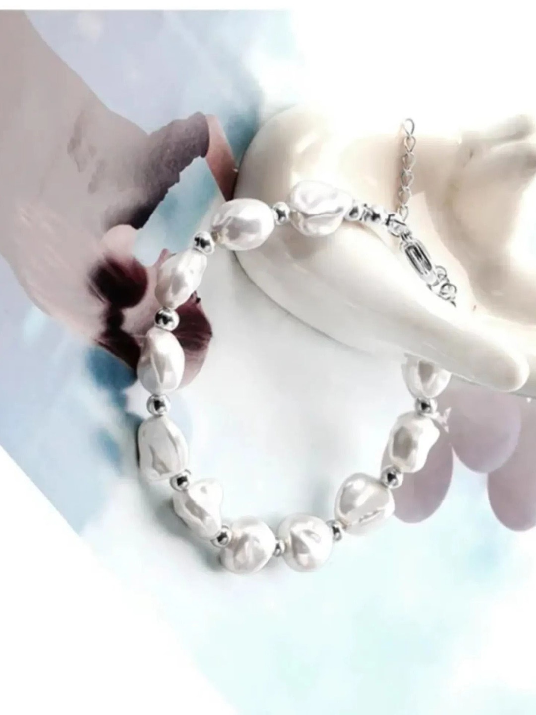 

V FASHION JEWELLERY Women Pearls Handcrafted Silver-Plated Link Bracelet, White