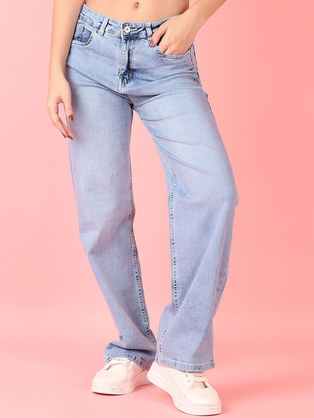 

V-Mart Women Cotton Straight Fit High-Rise Heavy Fade Stretchable Casual Jeans, Blue