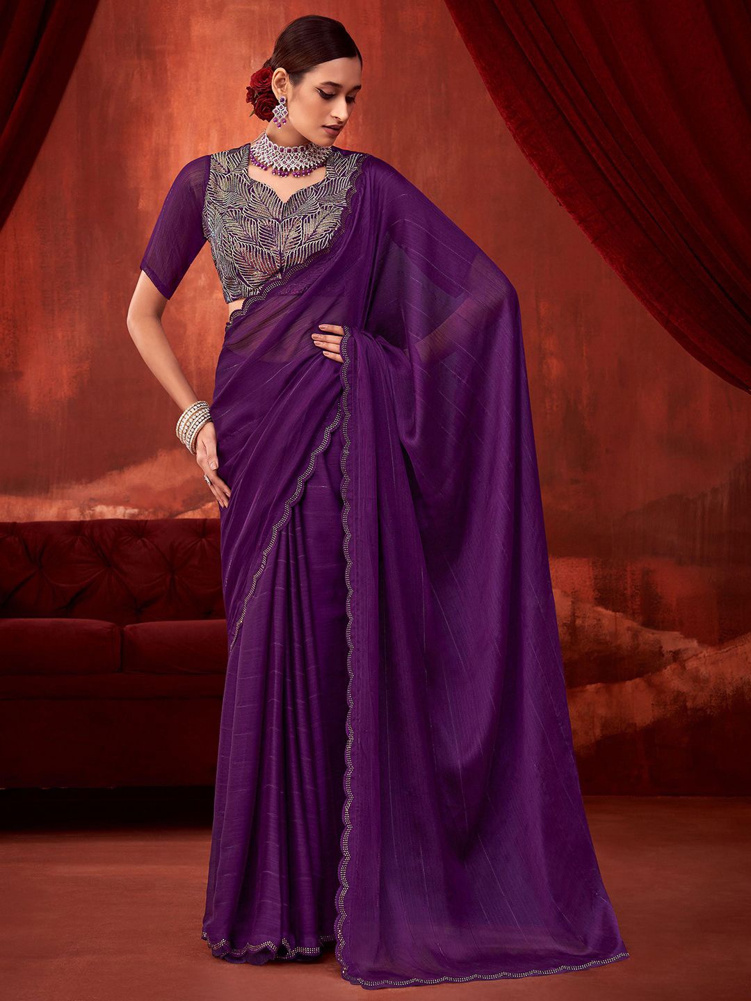 

SANSKAR Striped Beads and Stones Saree, Violet