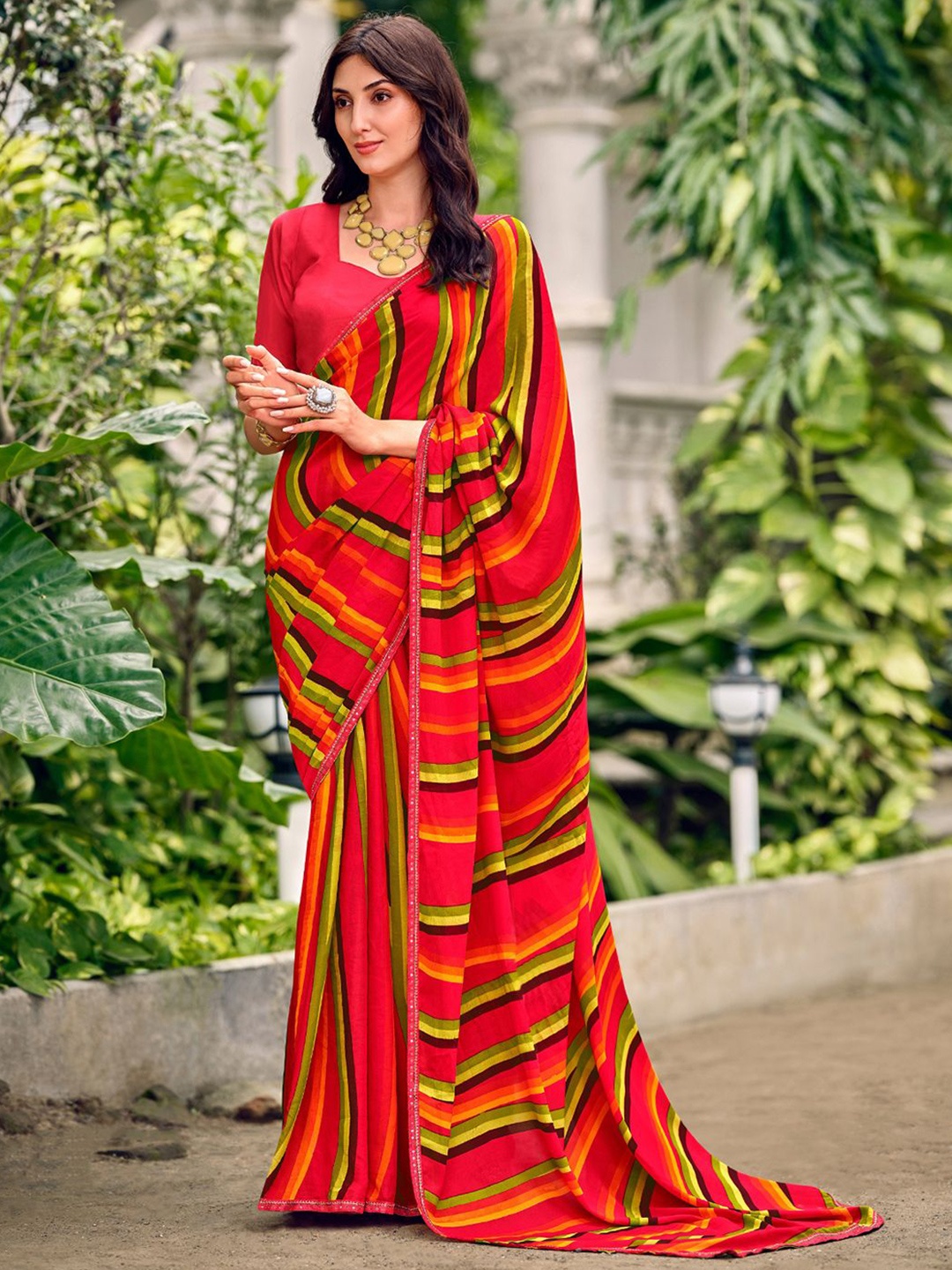 

SANSKAR Striped Festive Printed Saree, Red