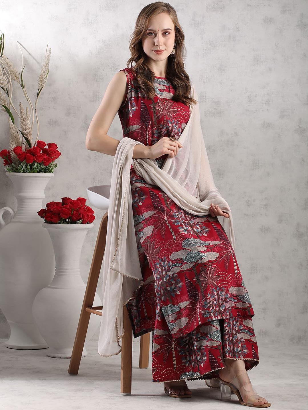 

Anni Designer Floral Printed Gotta Patti Sleeveless Straight Kurta With Palazzo & Dupatta, Maroon