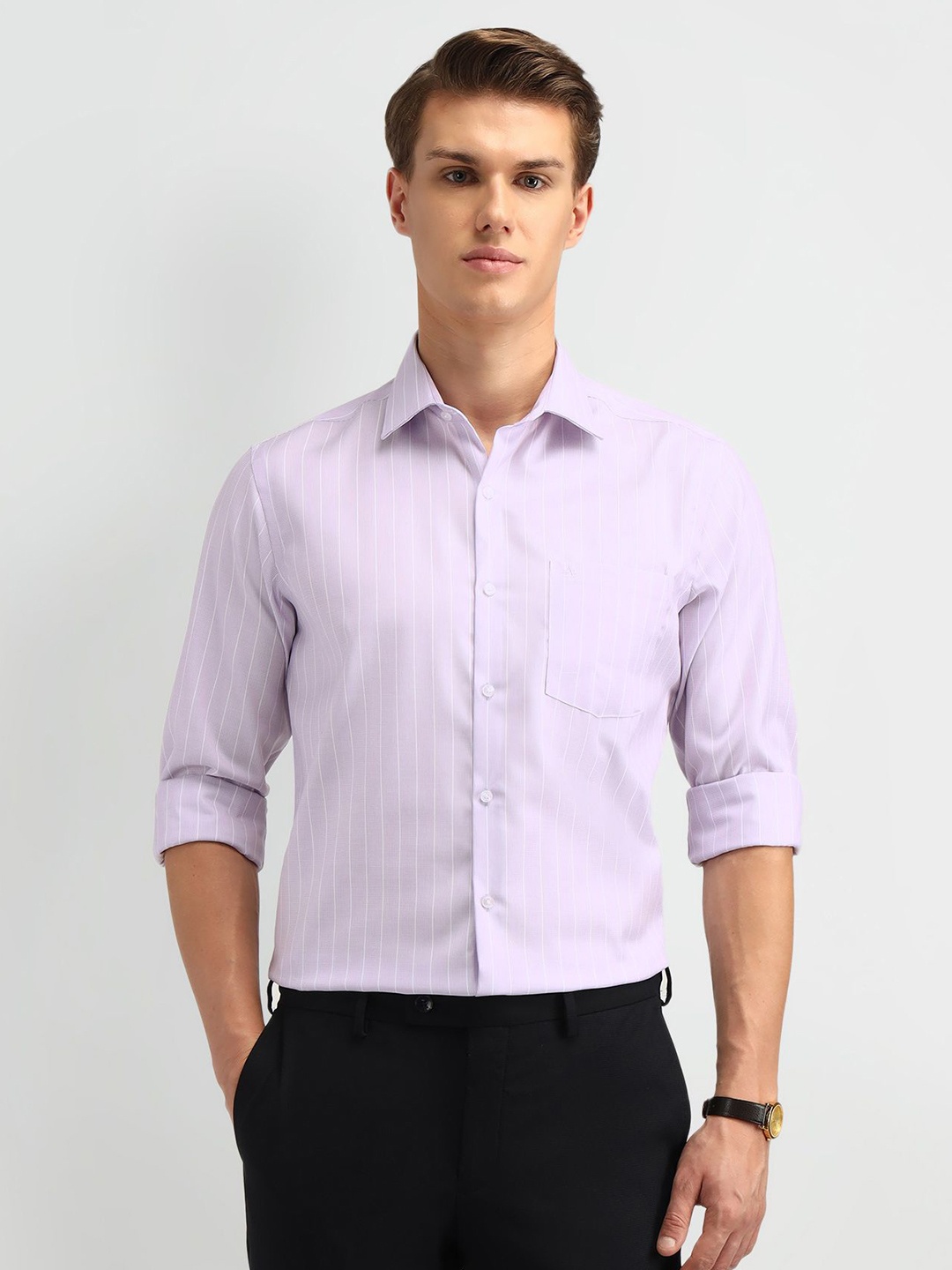 

Arrow Men Manhattan Spread Collar Pinstripes Striped Cotton Slim Fit Formal Shirt, Lavender