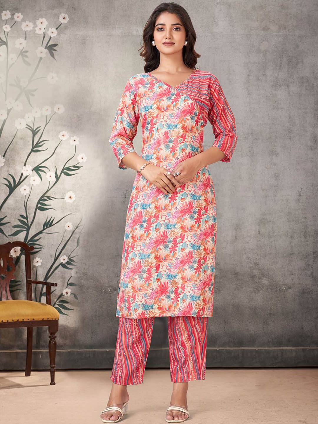 

KALINI Floral Printed V-Neck Straight Kurta with Palazzo, Pink